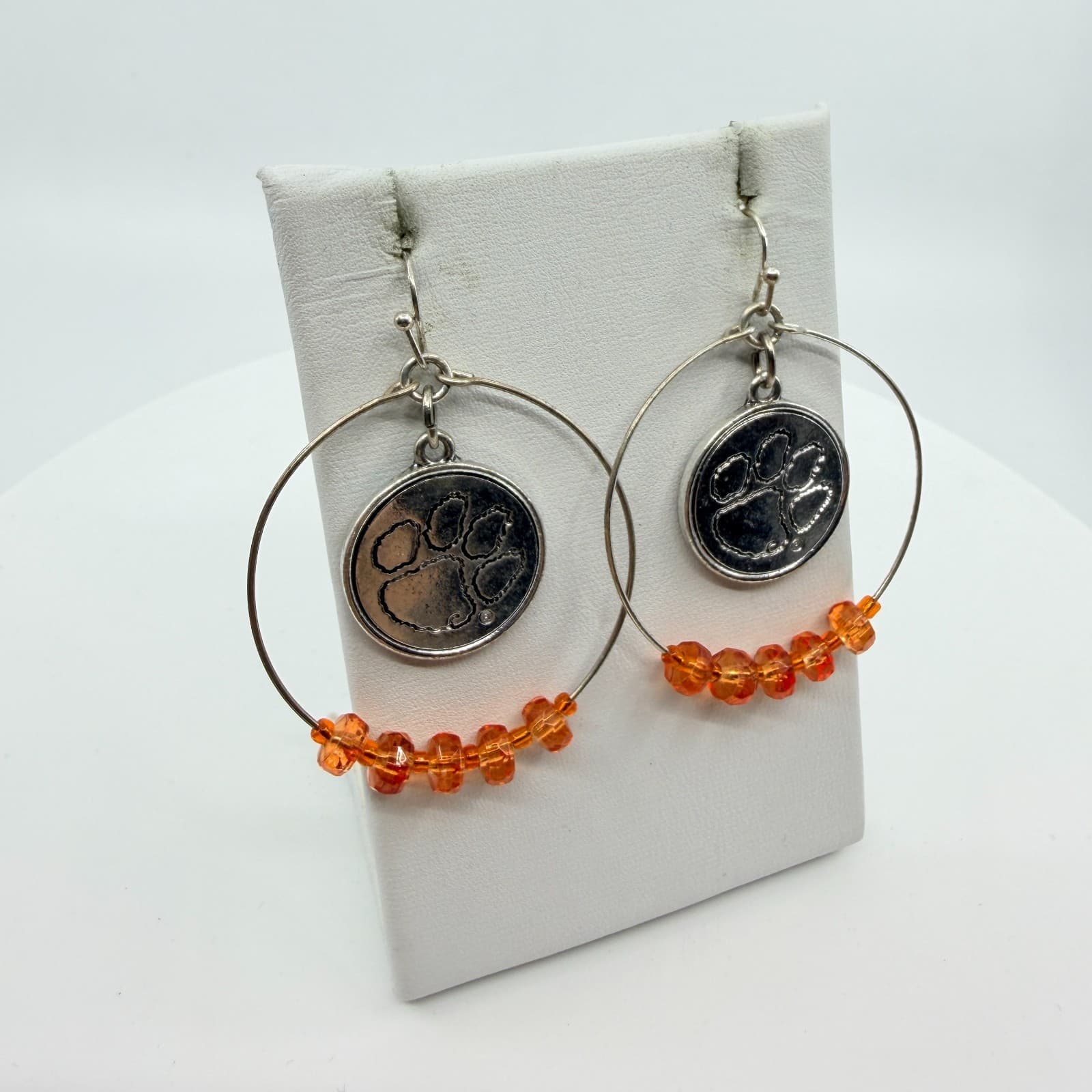 Silver Tone Orange Beaded Paw Print Hoop Earrings Statement Team Spirit Gift - Thumbnail 3