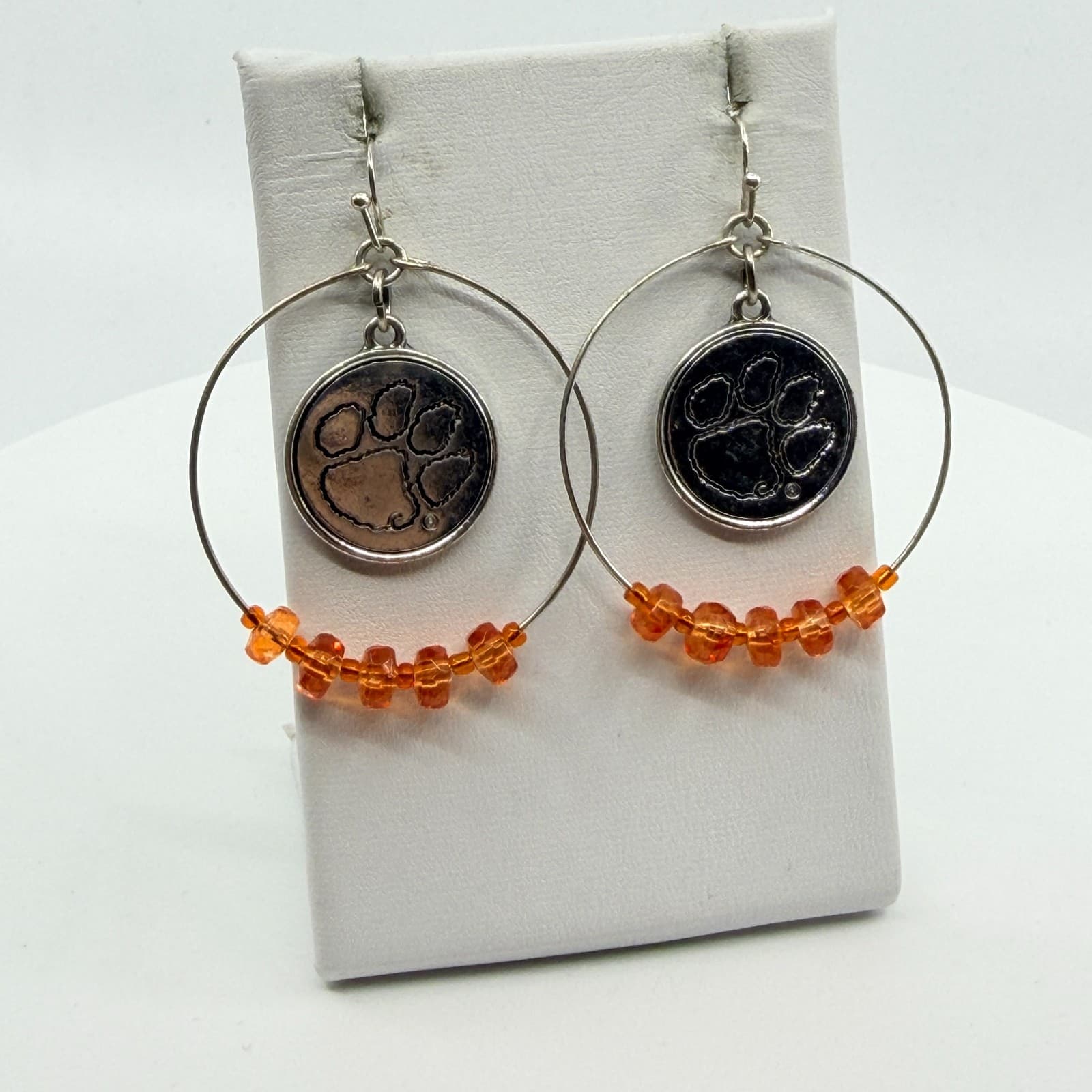 Silver Tone Orange Beaded Paw Print Hoop Earrings Statement Team Spirit Gift - Thumbnail 7