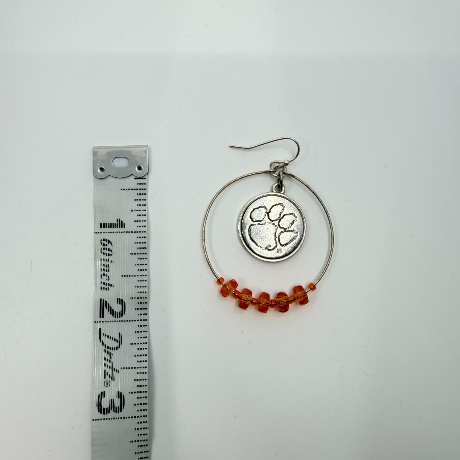 Silver Tone Orange Beaded Paw Print Hoop Earrings Statement Team Spirit Gift - Thumbnail 8