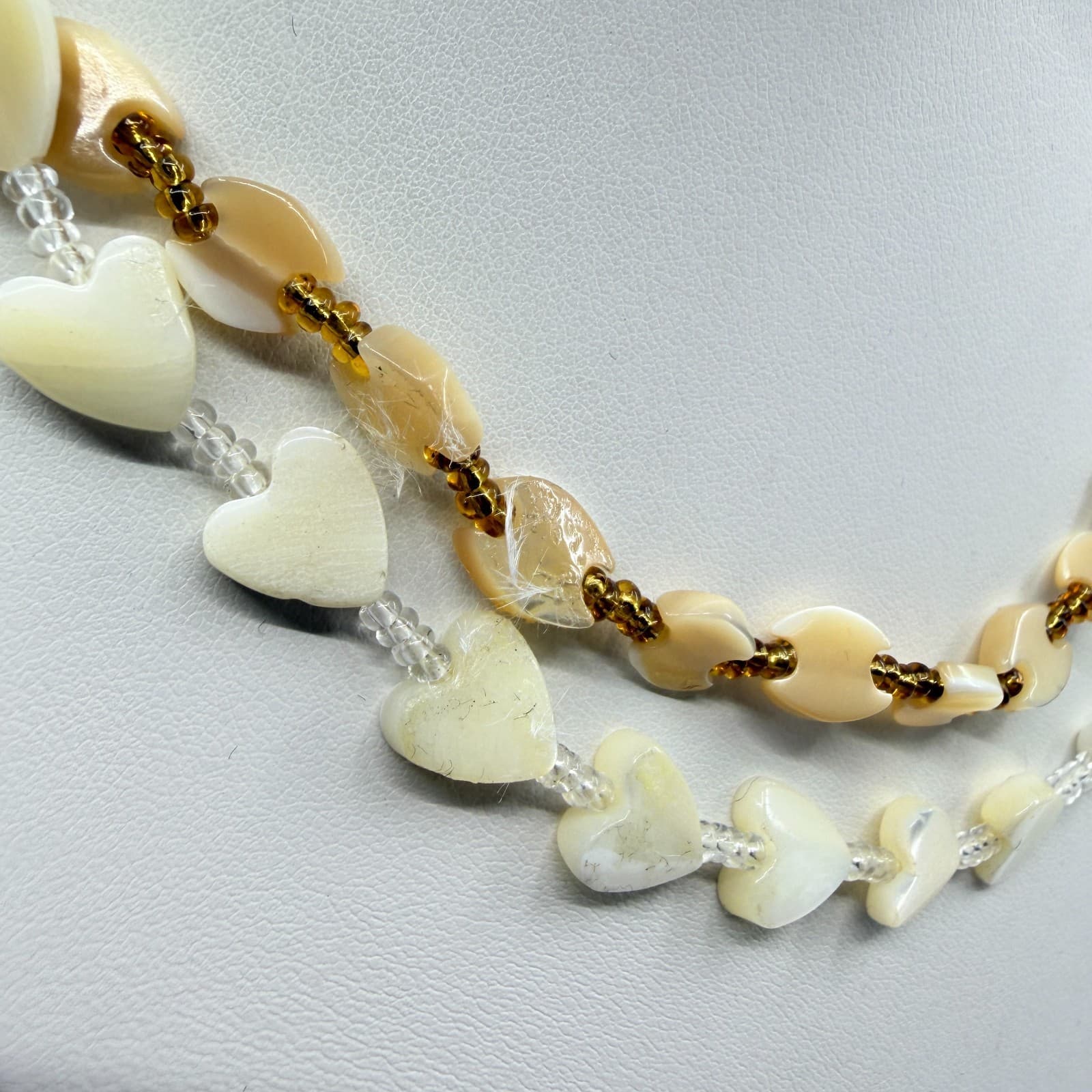 Layered Heart Shell Necklace Bohemian Beaded Choker Set White Tan Statement Gift - Thumbnail 2