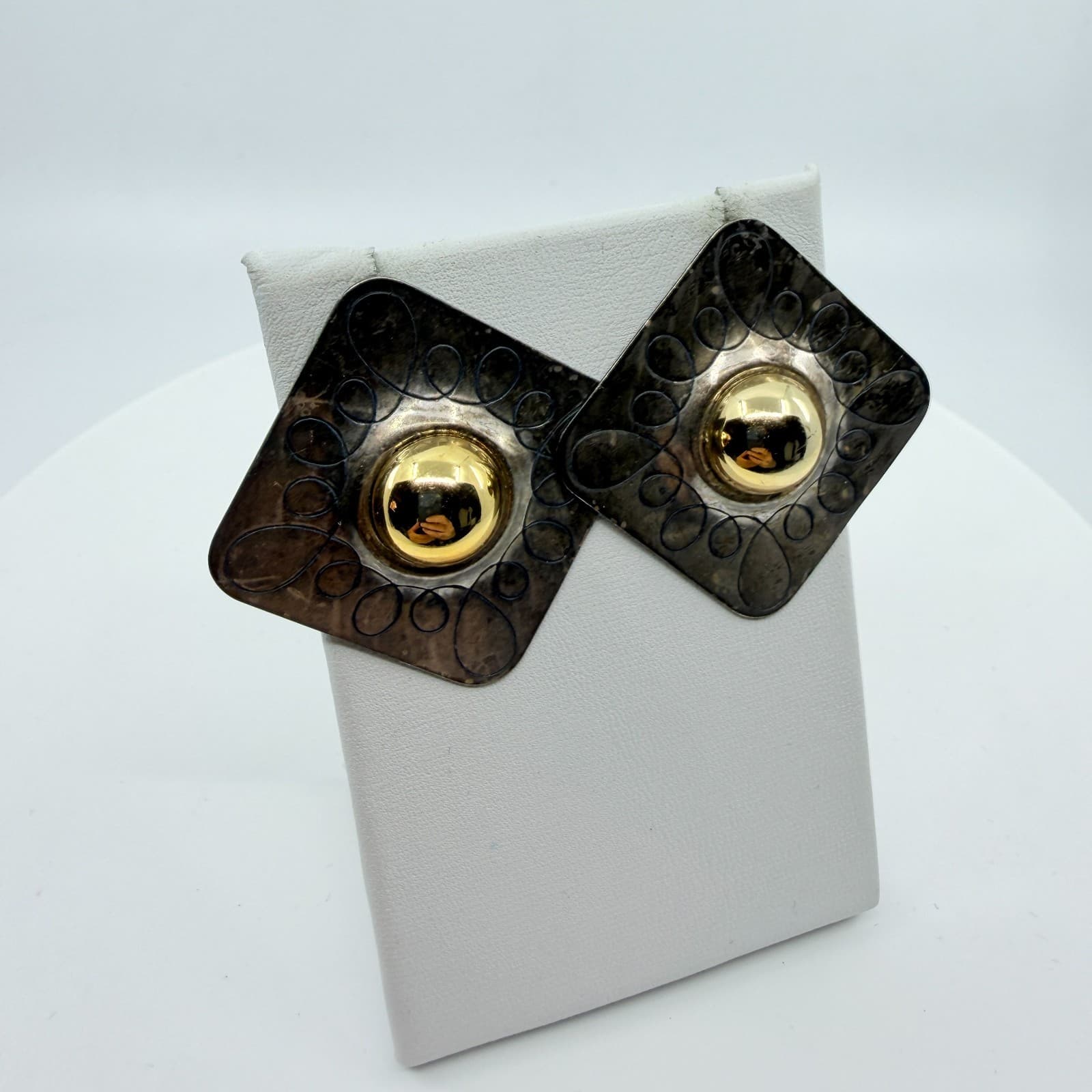 Vintage Bold Two Tone Geometric Stud Earring Silver & Gold Tone Square Statement - Thumbnail 4
