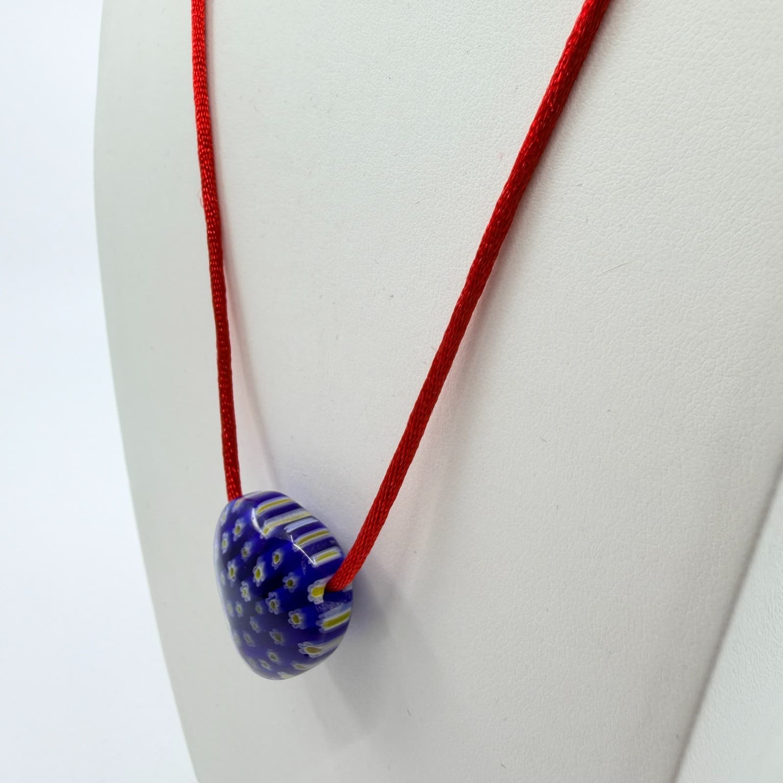 Blue Millefiori Glass Heart Pendant Necklace Red Cord Boho Cottagecore Festival - Thumbnail 6
