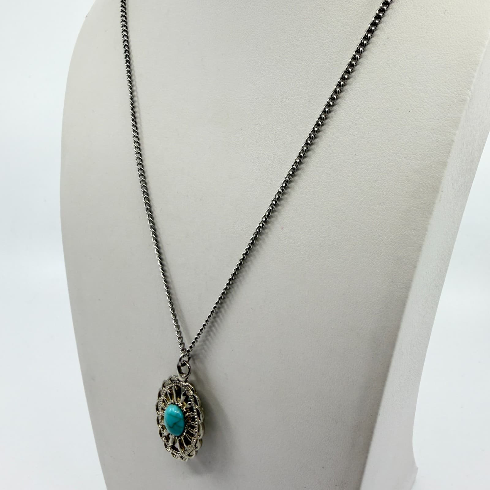 Southwestern Faux Turquoise Silver Tone Oval Pendant Necklace Blue Stone Gift - Thumbnail 4