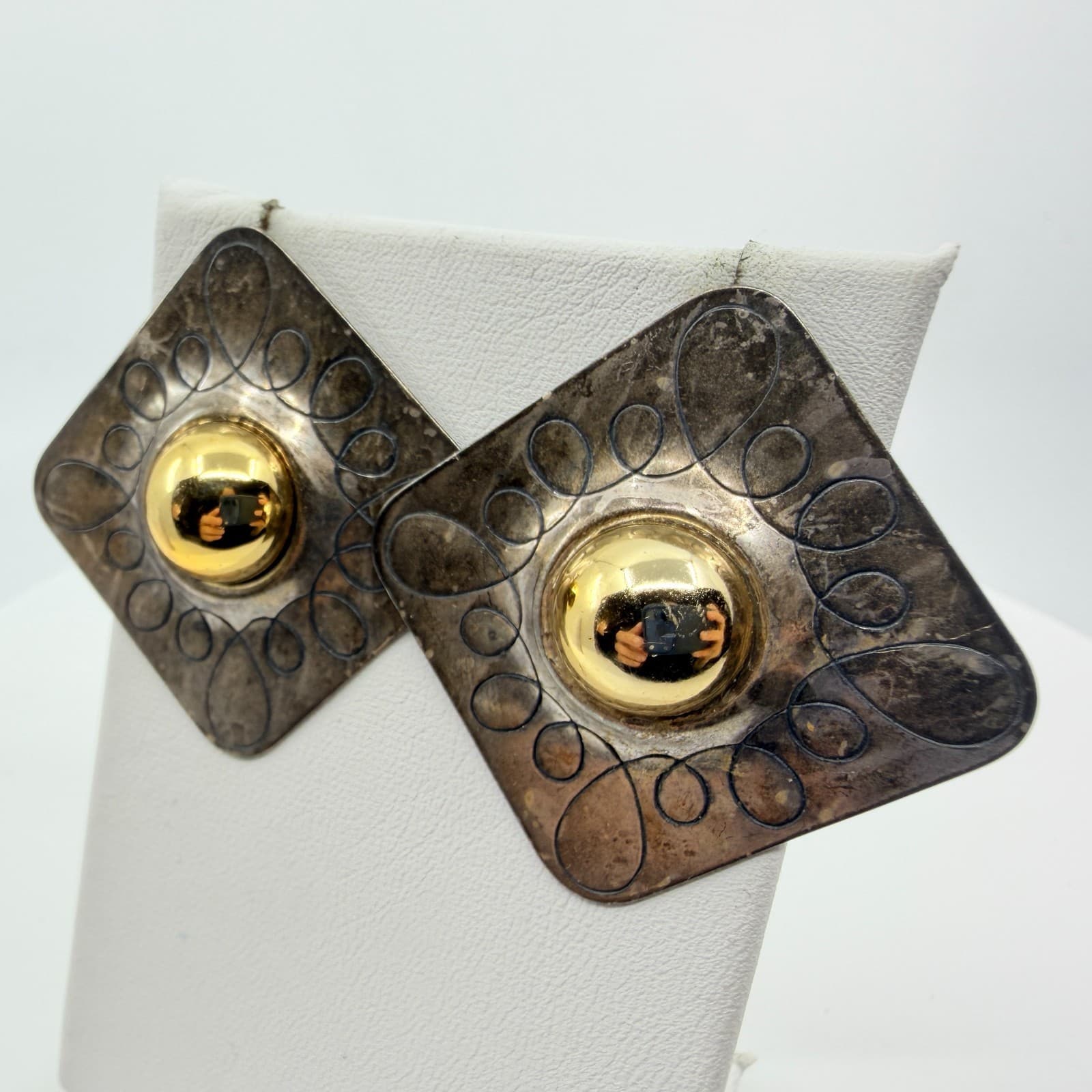 Vintage Bold Two Tone Geometric Stud Earring Silver & Gold Tone Square Statement - Thumbnail 7