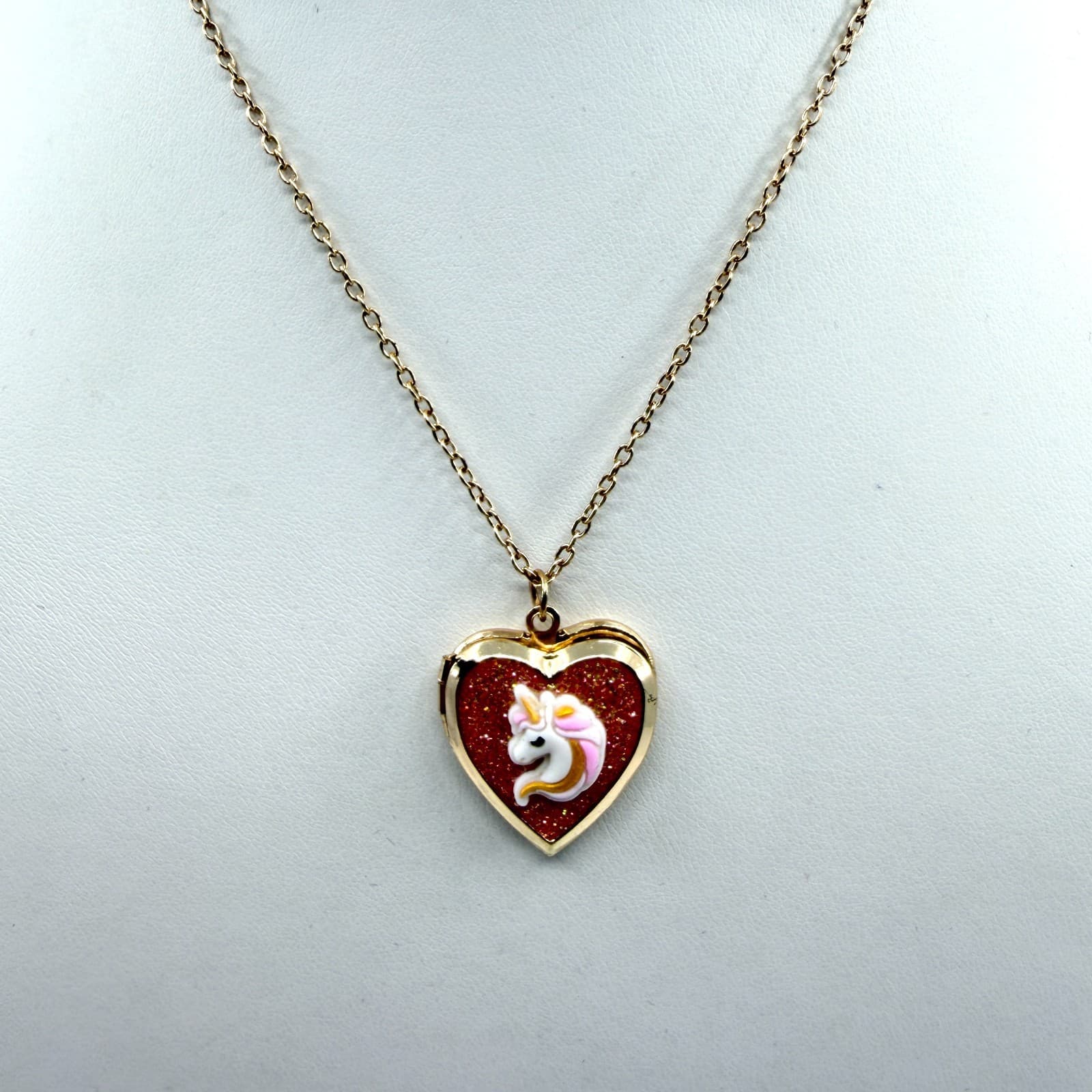Claire's Gold Tone Heart Locket Necklace Unicorn Glitter Charm Whimsical Fun Y2K - Thumbnail 2