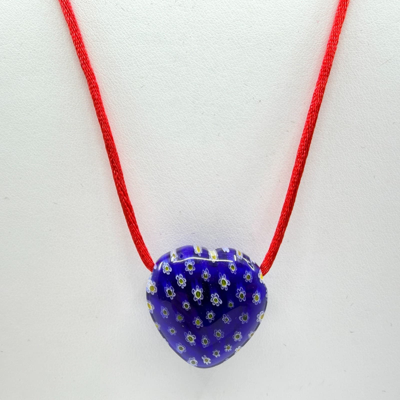 Blue Millefiori Glass Heart Pendant Necklace Red Cord Boho Cottagecore Festival - Thumbnail 2