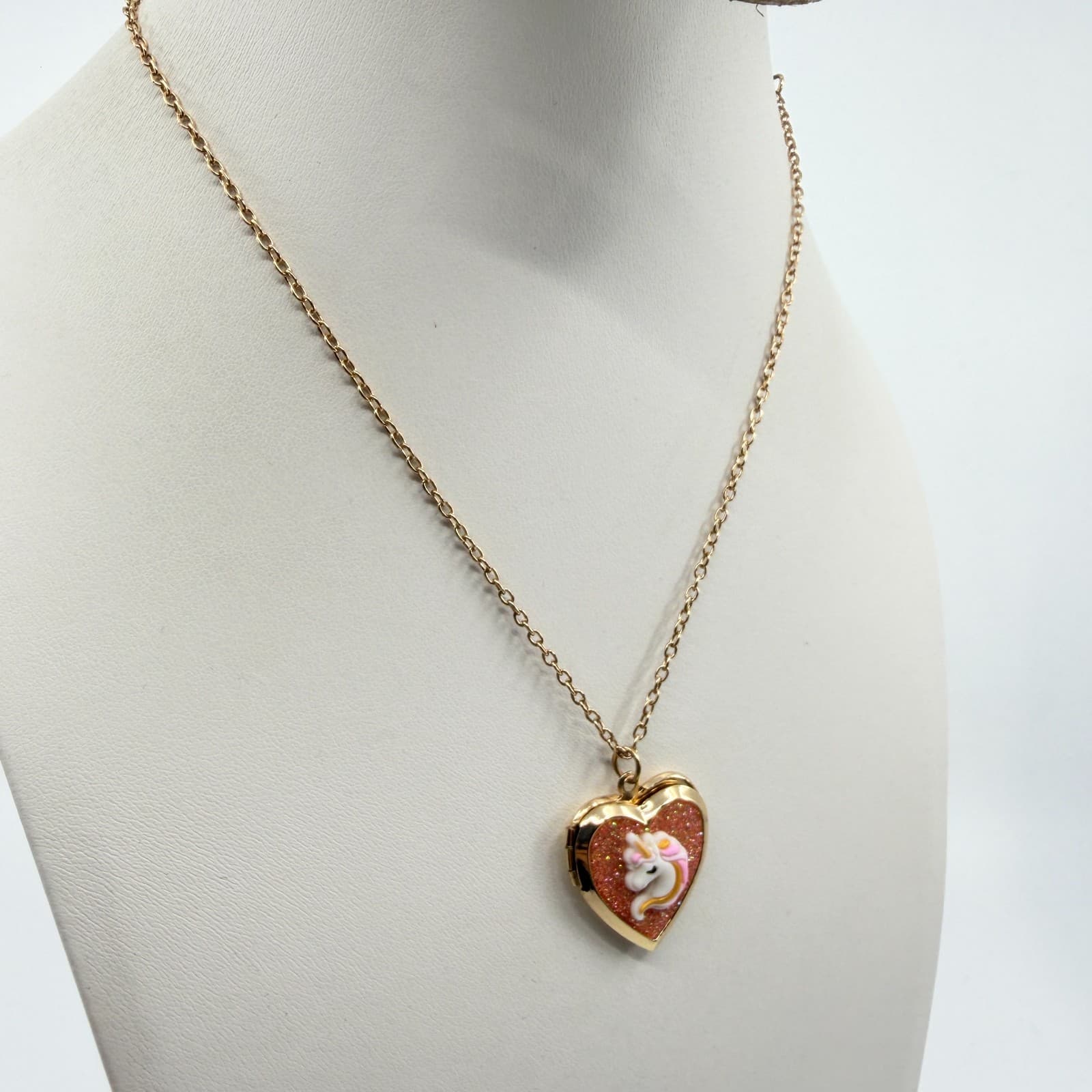 Claire's Gold Tone Heart Locket Necklace Unicorn Glitter Charm Whimsical Fun Y2K - Thumbnail 4
