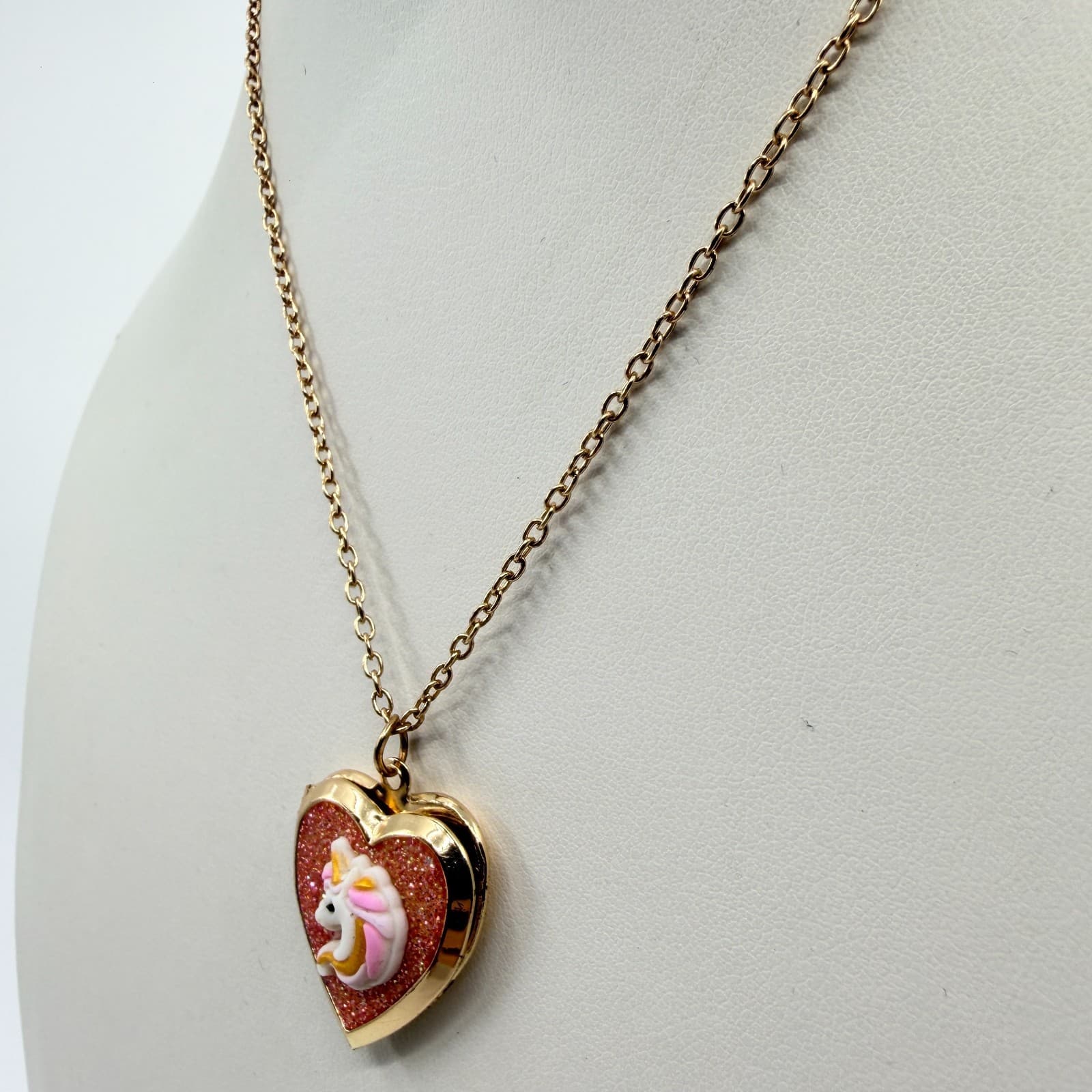 Claire's Gold Tone Heart Locket Necklace Unicorn Glitter Charm Whimsical Fun Y2K - Thumbnail 5
