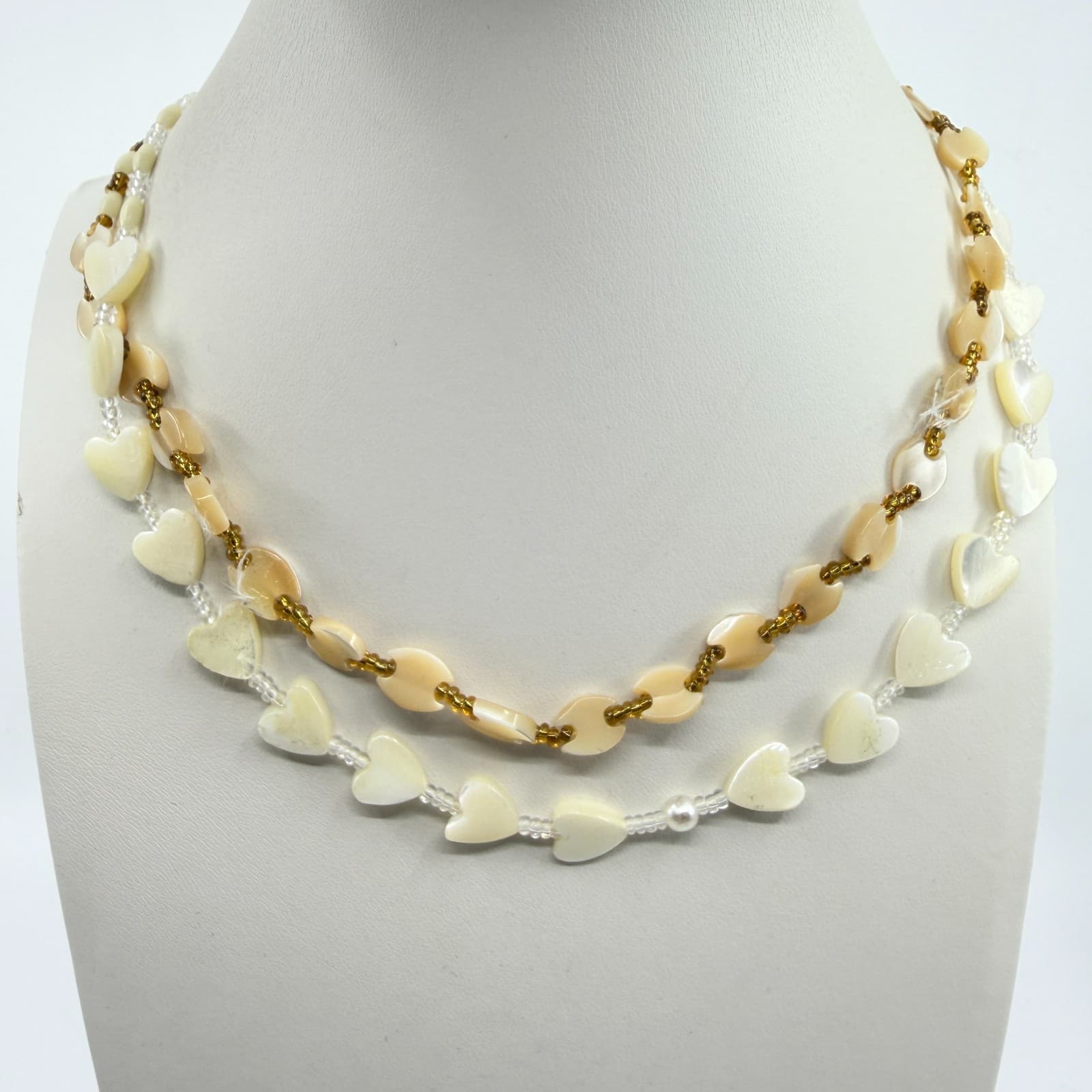 Layered Heart Shell Necklace Bohemian Beaded Choker Set White Tan Statement Gift - Thumbnail 5