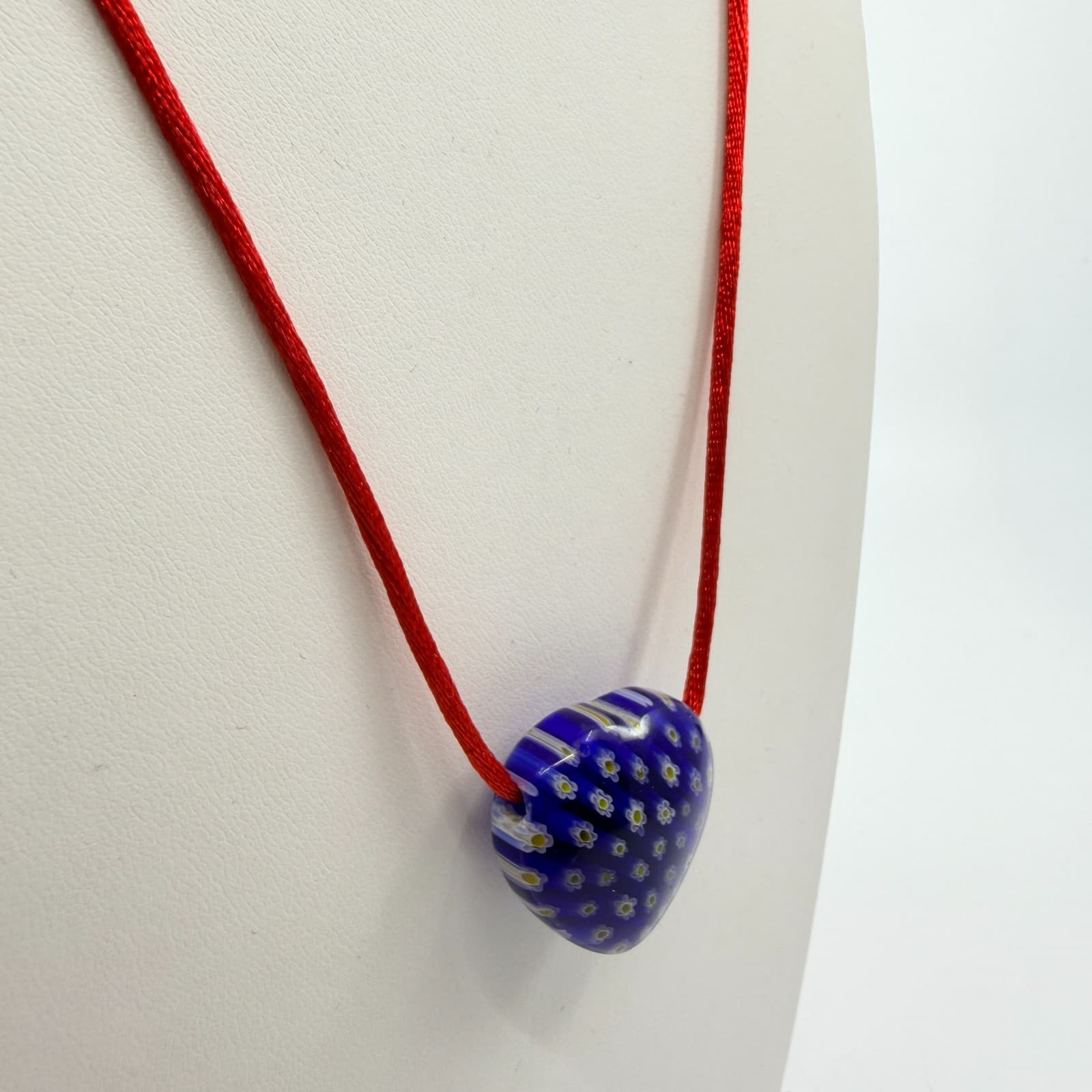 Blue Millefiori Glass Heart Pendant Necklace Red Cord Boho Cottagecore Festival - Thumbnail 5