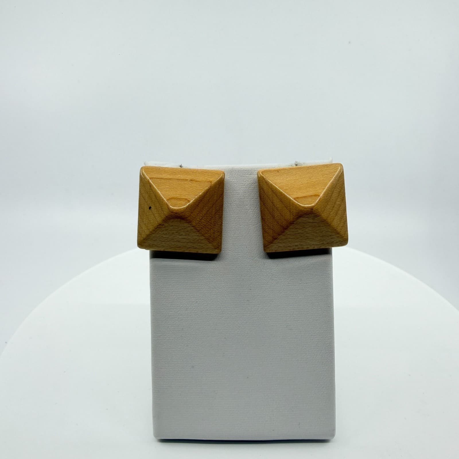 Natural Wood Pyramid Stud Earrings Geometric Minimalist Boho Statement Jewelry - Thumbnail 2