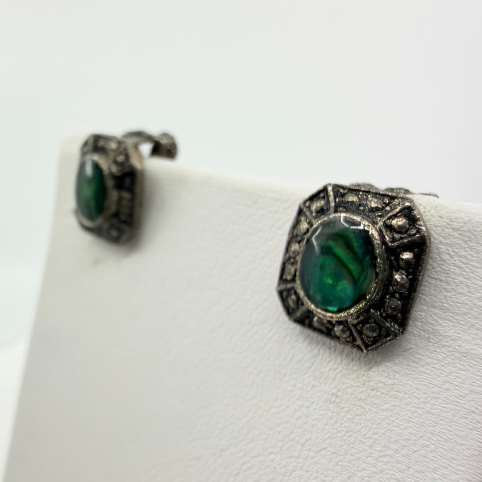 Vintage Style Green Abalone Shell Clip On Stud Earrings Gothic Ornate Statement - Thumbnail 3