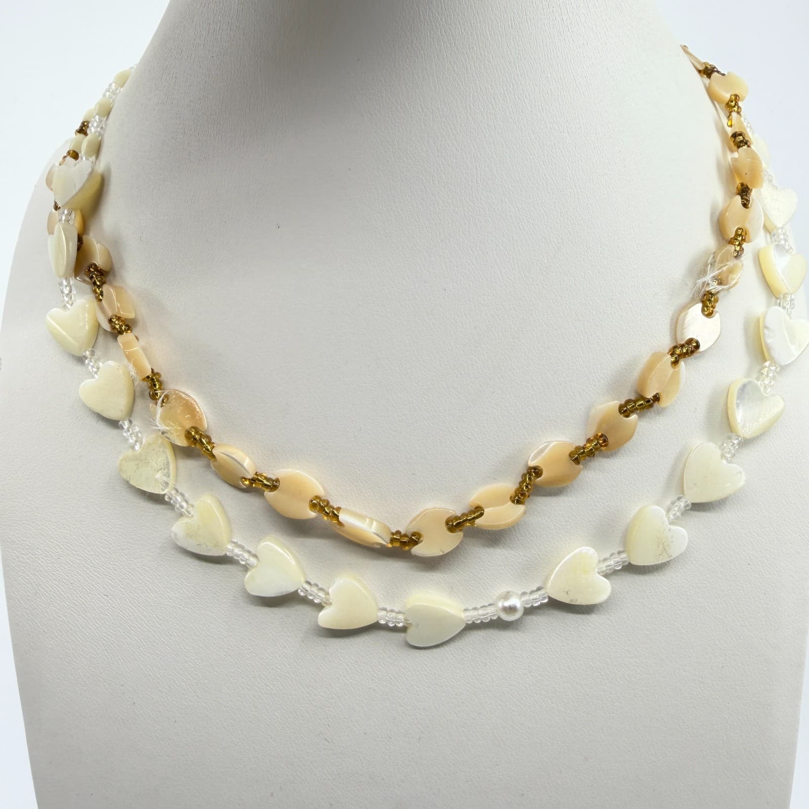 Layered Heart Shell Necklace Bohemian Beaded Choker Set White Tan Statement Gift - Thumbnail 7