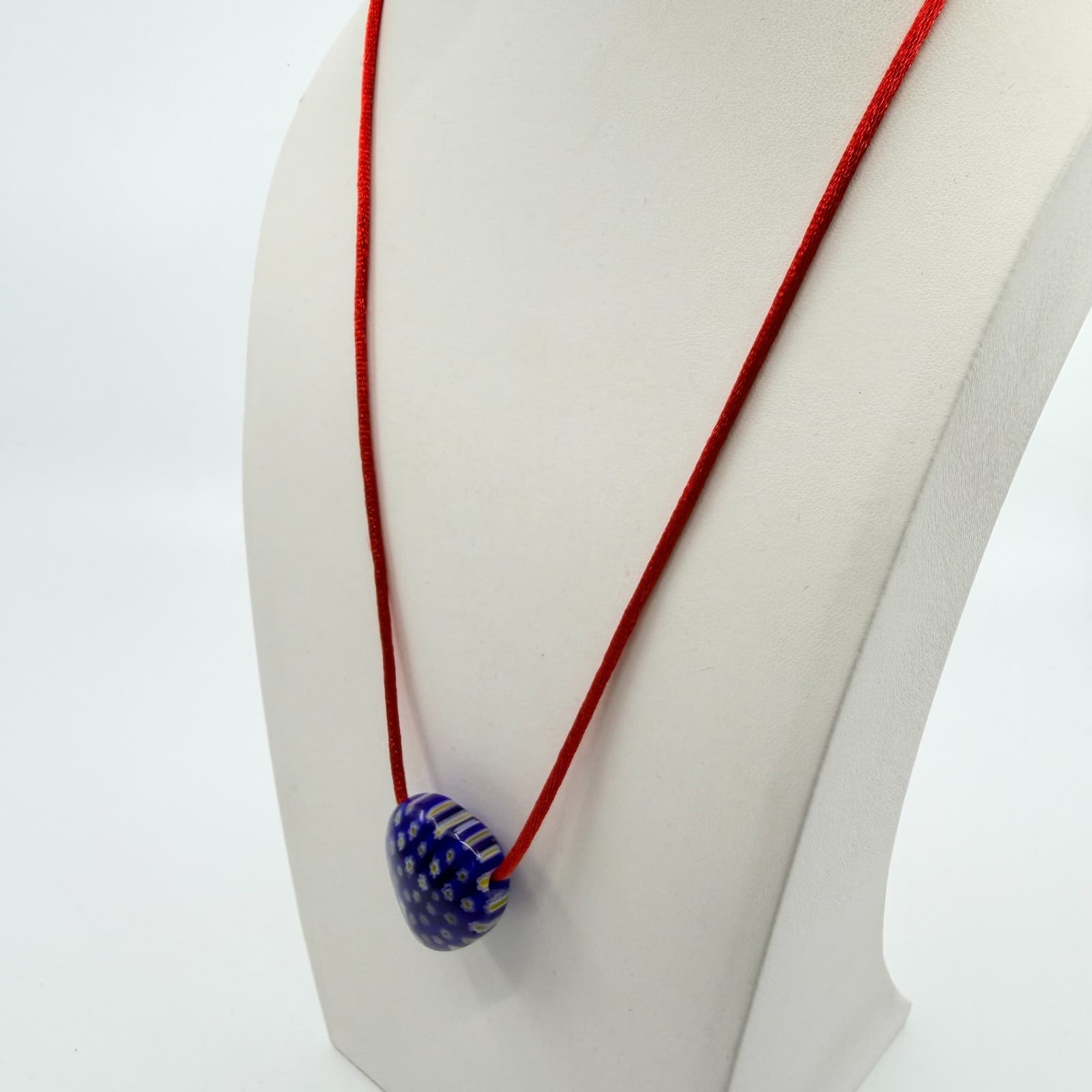 Blue Millefiori Glass Heart Pendant Necklace Red Cord Boho Cottagecore Festival - Thumbnail 7