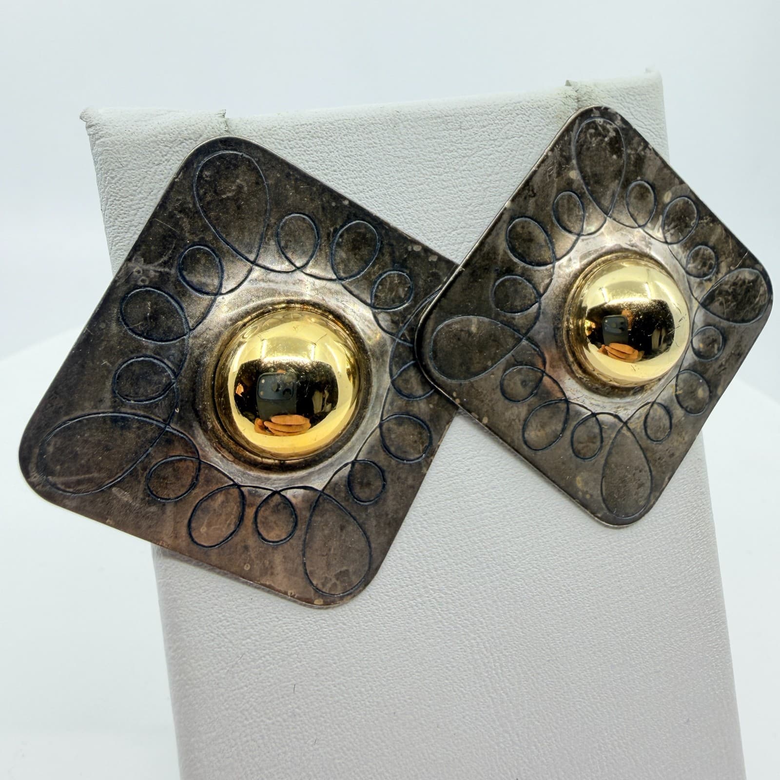 Vintage Bold Two Tone Geometric Stud Earring Silver & Gold Tone Square Statement - Thumbnail 3
