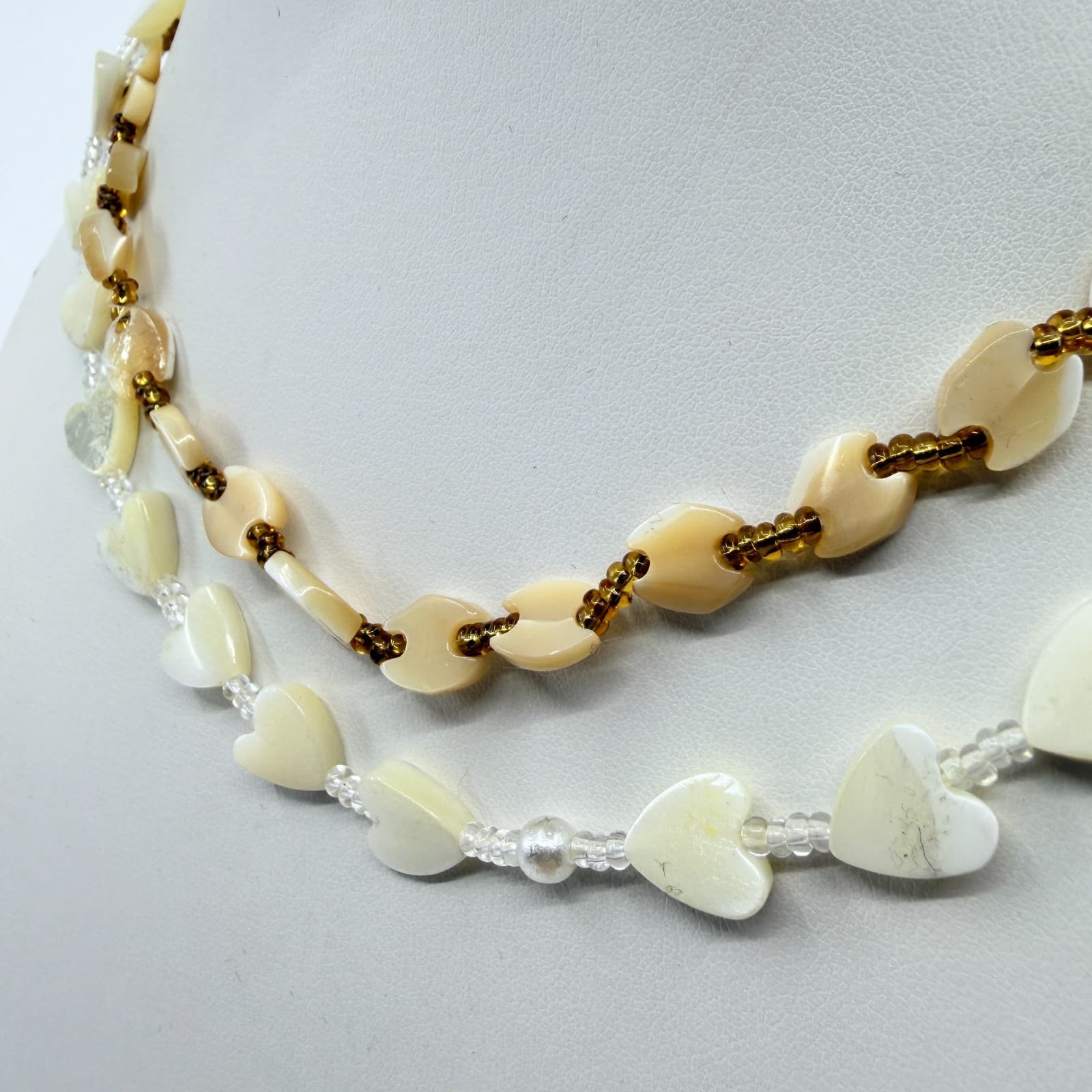 Layered Heart Shell Necklace Bohemian Beaded Choker Set White Tan Statement Gift - Thumbnail 3