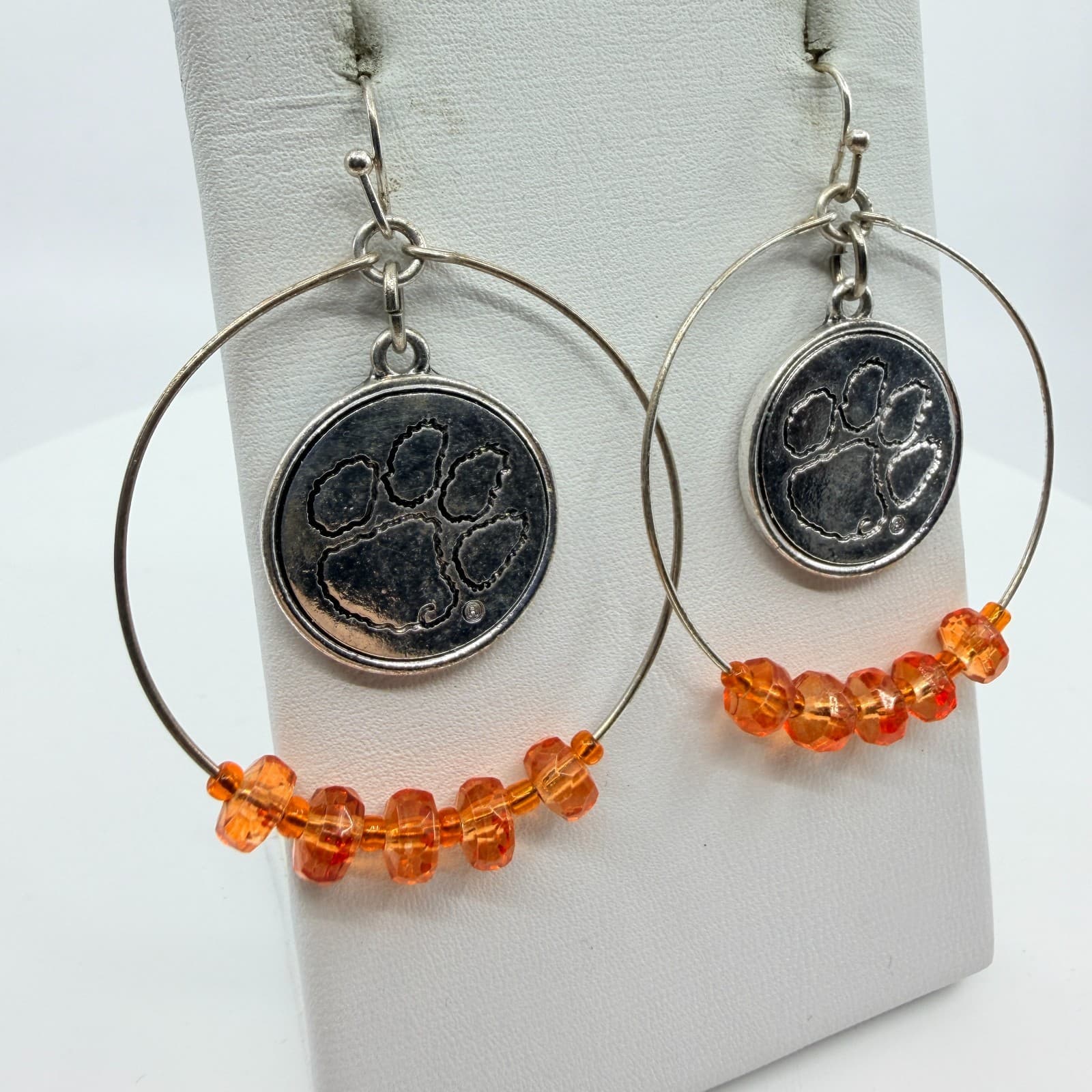 Silver Tone Orange Beaded Paw Print Hoop Earrings Statement Team Spirit Gift - Thumbnail 2