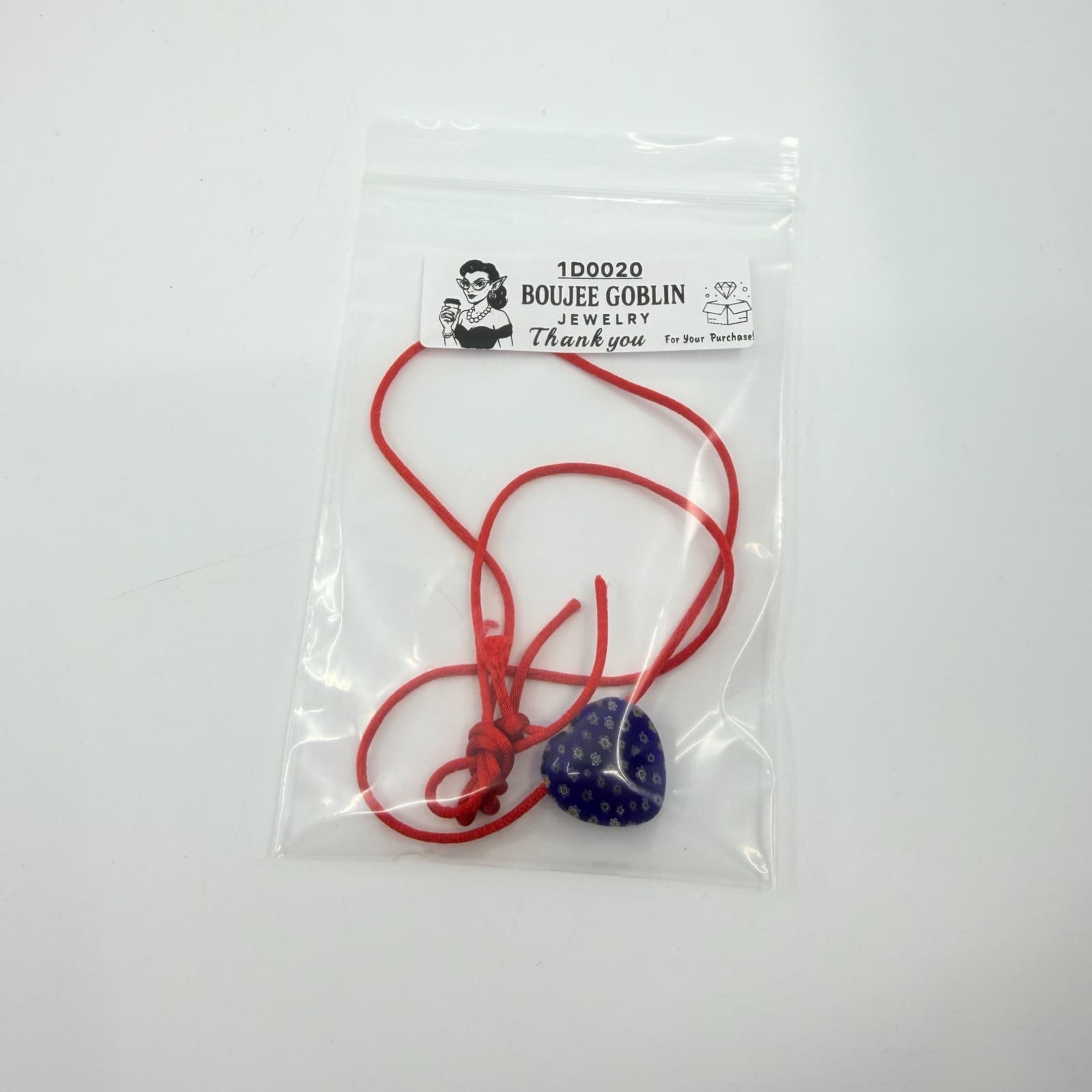 Blue Millefiori Glass Heart Pendant Necklace Red Cord Boho Cottagecore Festival - Thumbnail 11