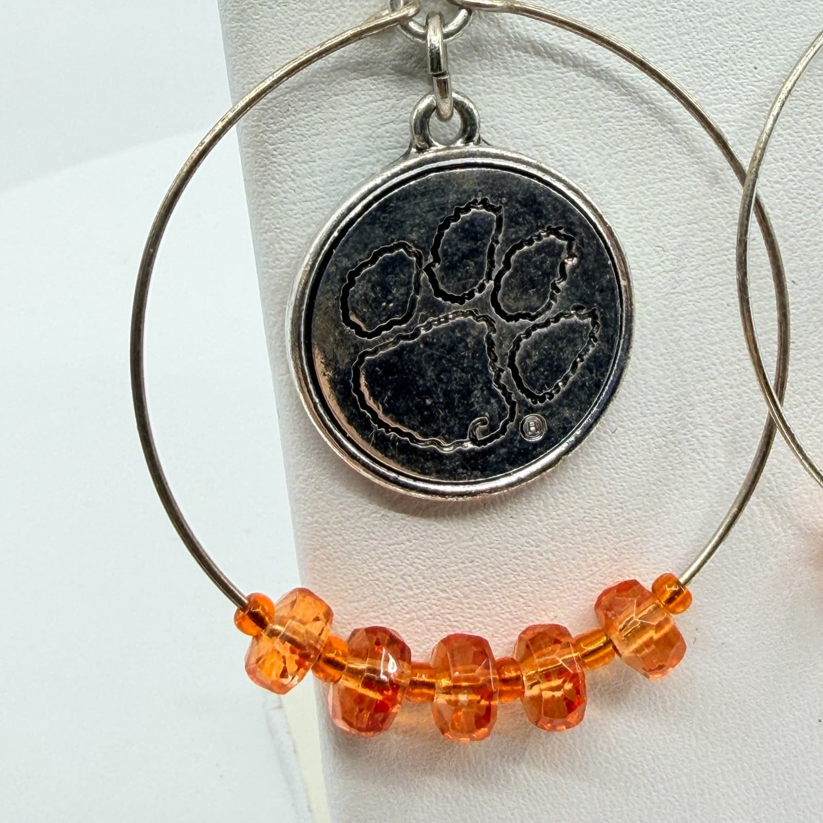 Silver Tone Orange Beaded Paw Print Hoop Earrings Statement Team Spirit Gift - Thumbnail 4