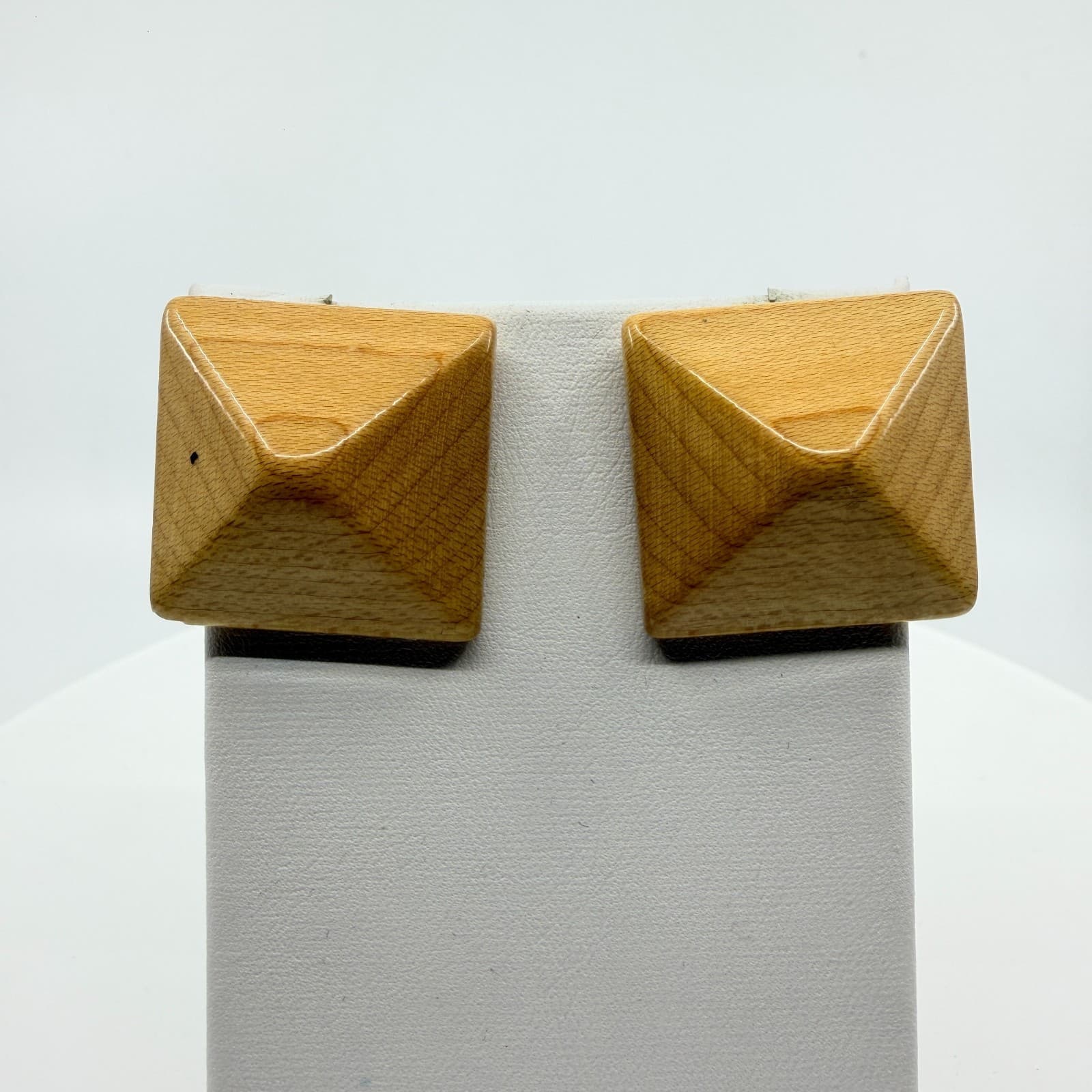Natural Wood Pyramid Stud Earrings Geometric Minimalist Boho Statement Jewelry