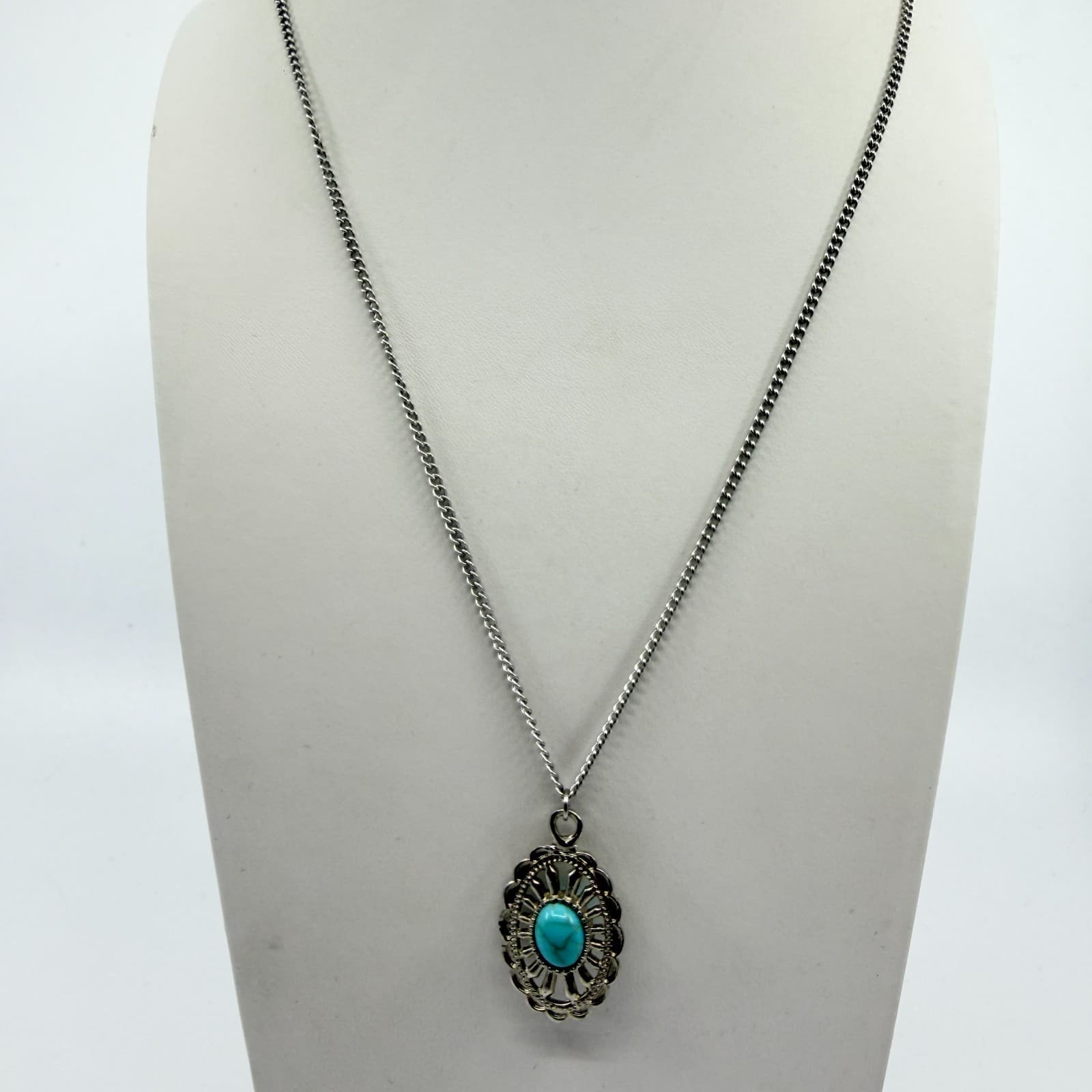 Southwestern Faux Turquoise Silver Tone Oval Pendant Necklace Blue Stone Gift - Thumbnail 3