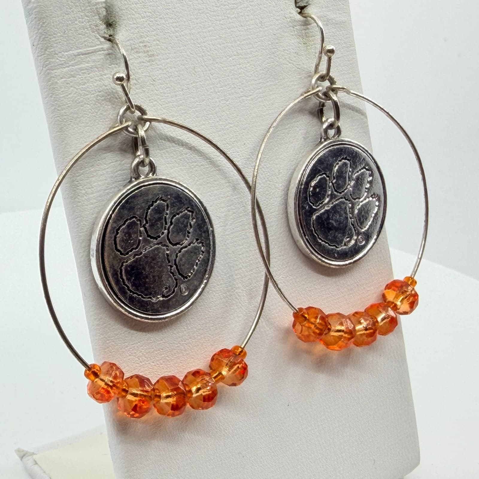 Silver Tone Orange Beaded Paw Print Hoop Earrings Statement Team Spirit Gift - Thumbnail 6