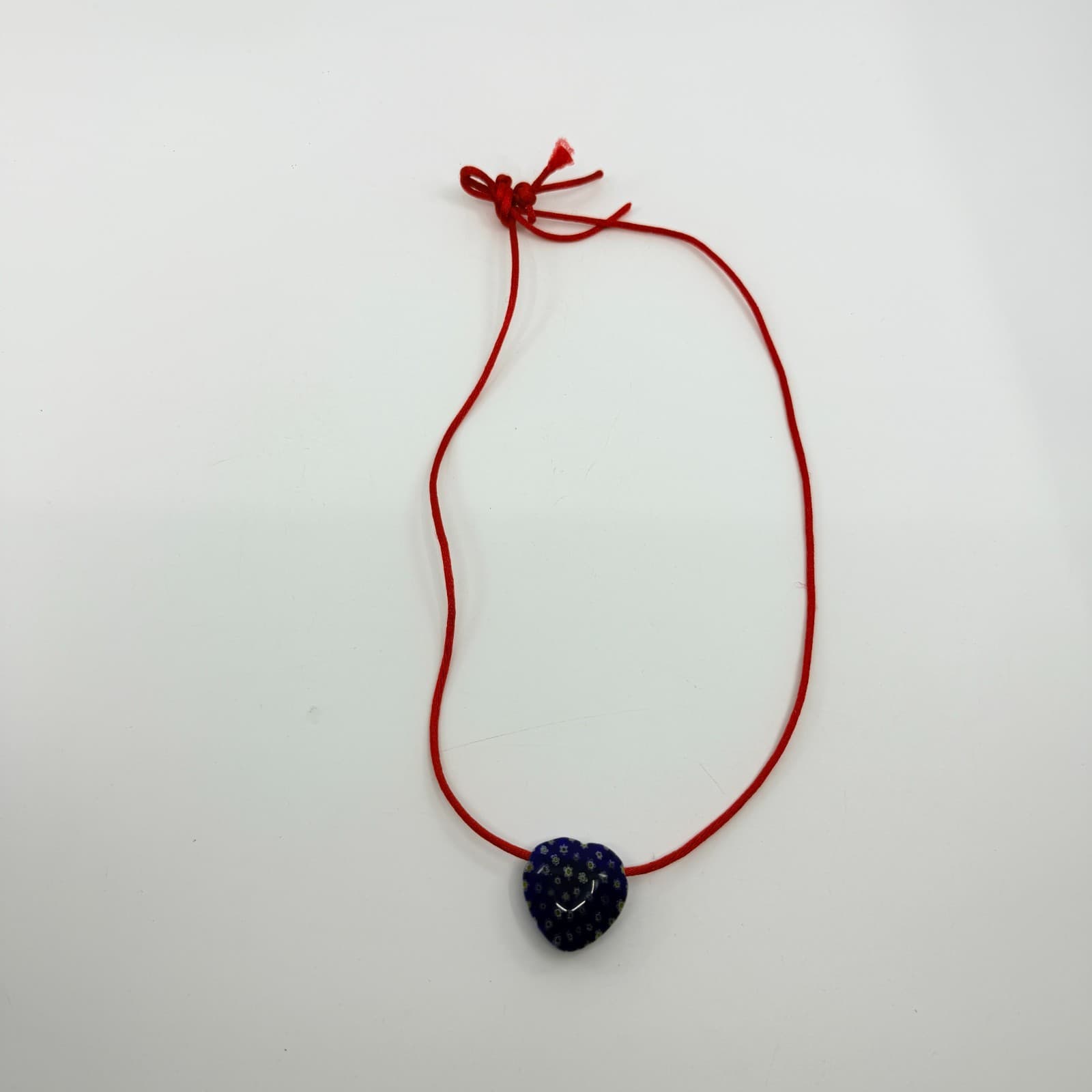 Blue Millefiori Glass Heart Pendant Necklace Red Cord Boho Cottagecore Festival - Thumbnail 9