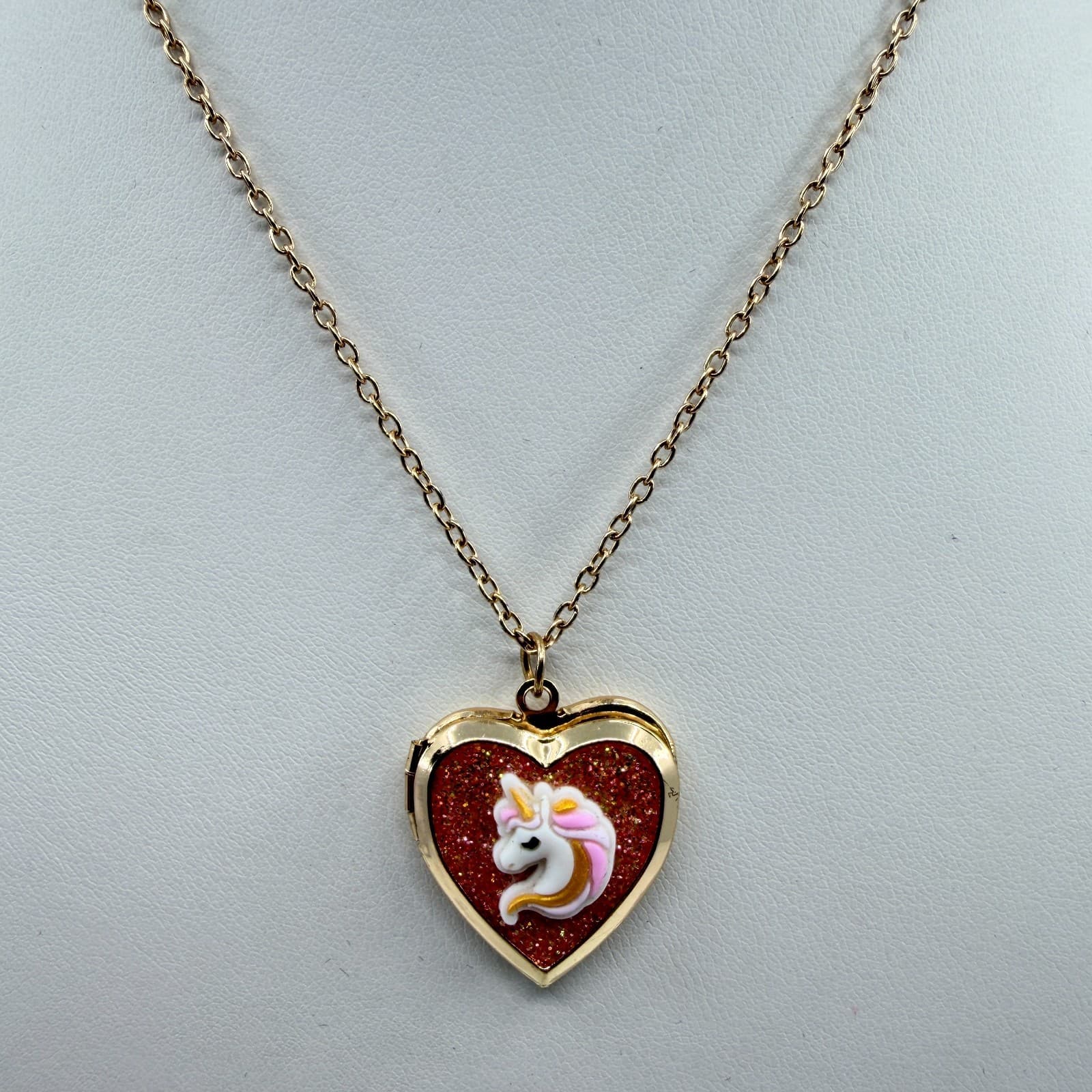 Claire's Gold Tone Heart Locket Necklace Unicorn Glitter Charm Whimsical Fun Y2K - Thumbnail 3