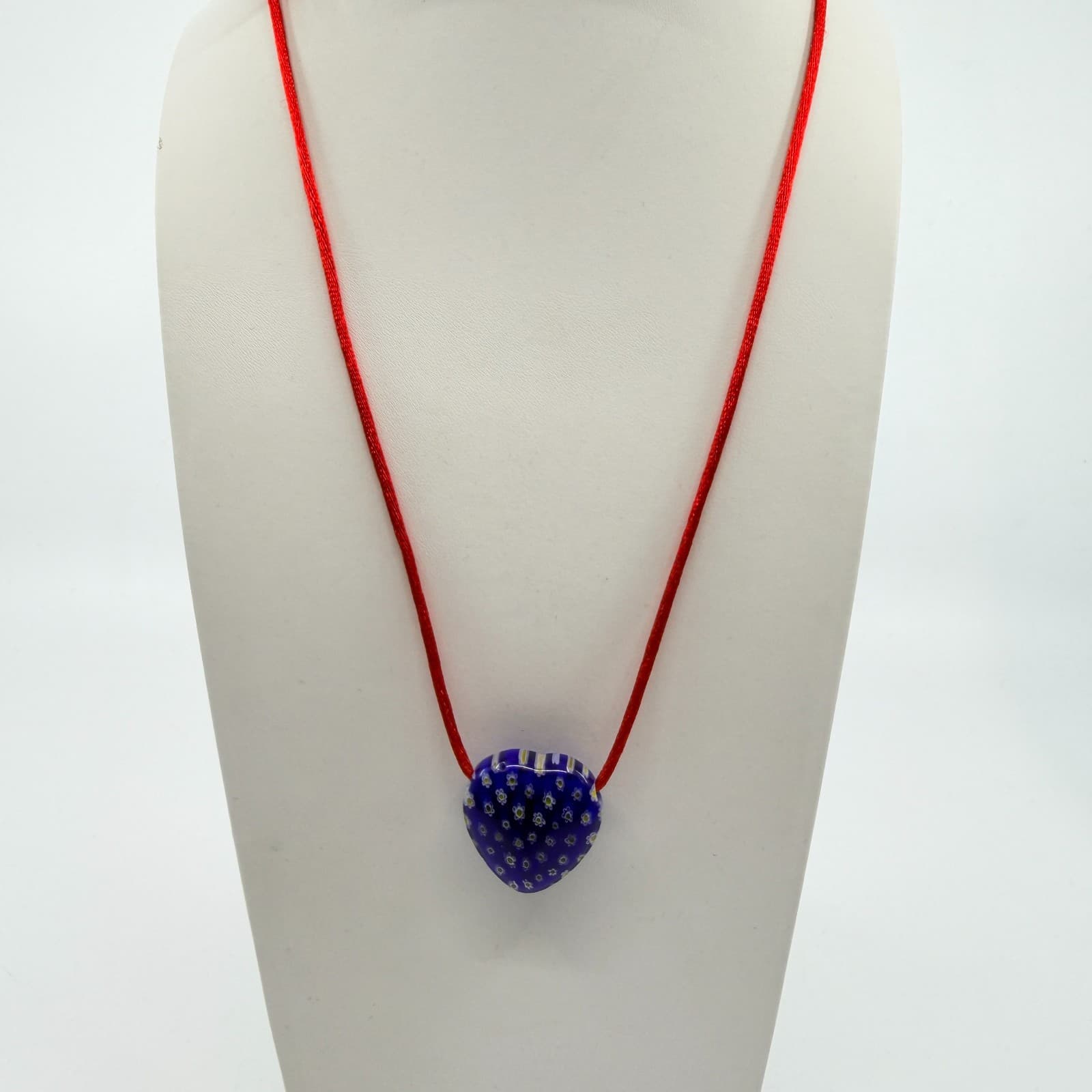 Blue Millefiori Glass Heart Pendant Necklace Red Cord Boho Cottagecore Festival - Thumbnail 4
