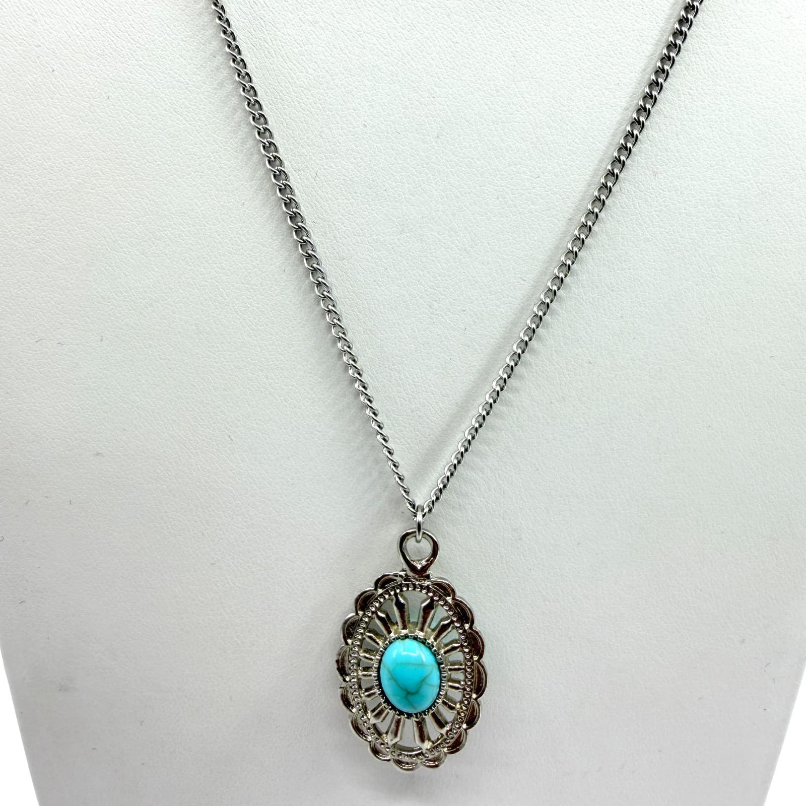 Southwestern Faux Turquoise Silver Tone Oval Pendant Necklace Blue Stone Gift - Thumbnail 2