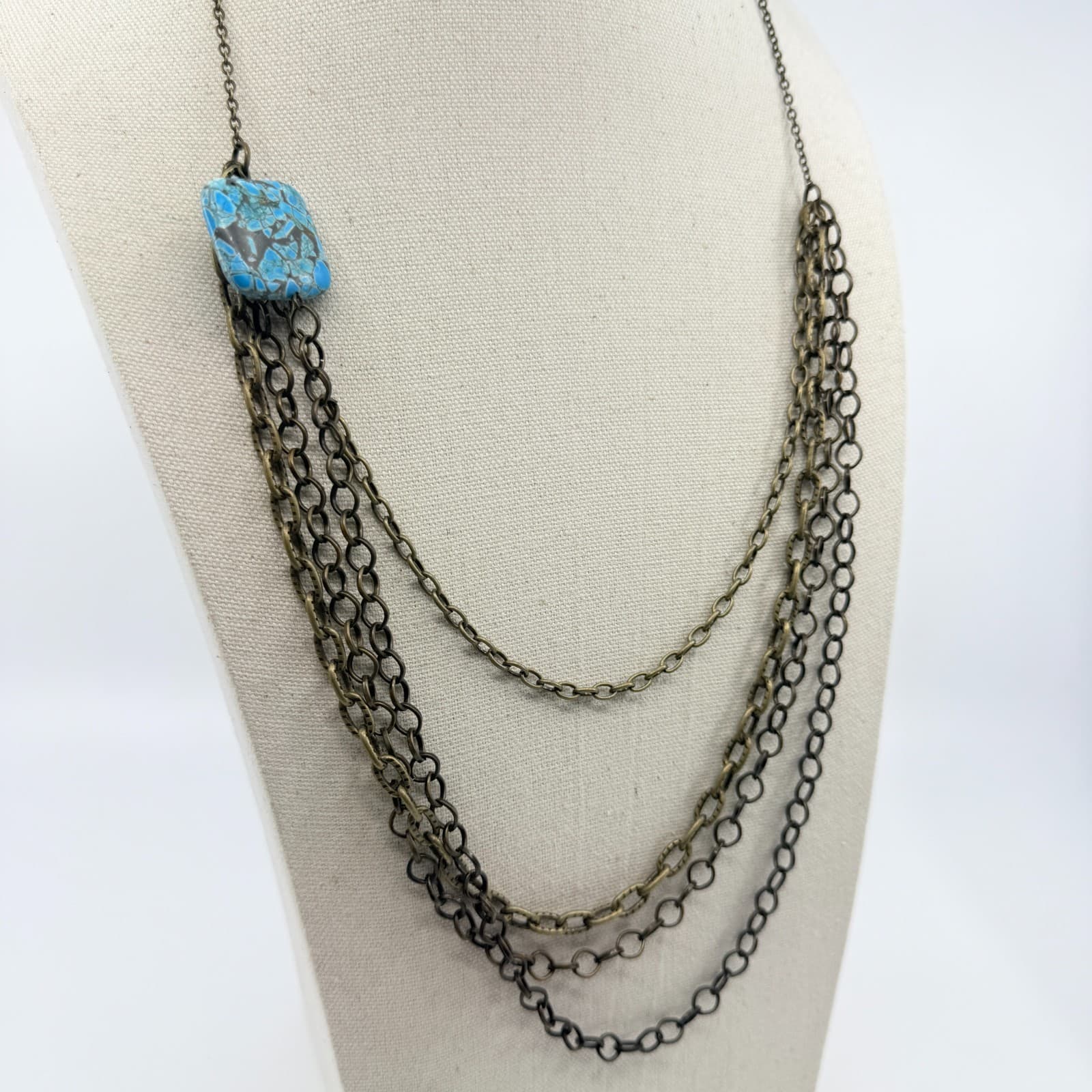 Vintage Multi Strand Chain Statement Necklace Layered Veined Blue Turquoise - Thumbnail 4