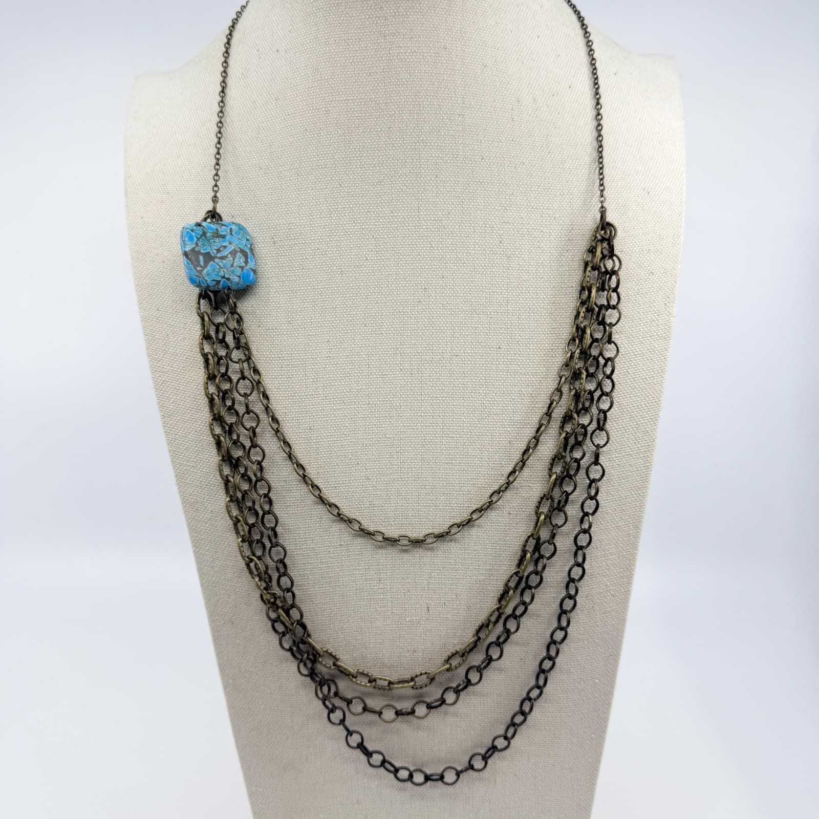 Vintage Multi Strand Chain Statement Necklace Layered Veined Blue Turquoise - Thumbnail 6