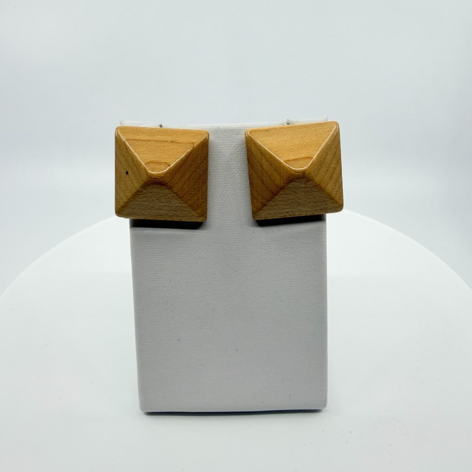 Natural Wood Pyramid Stud Earrings Geometric Minimalist Boho Statement Jewelry - Thumbnail 6
