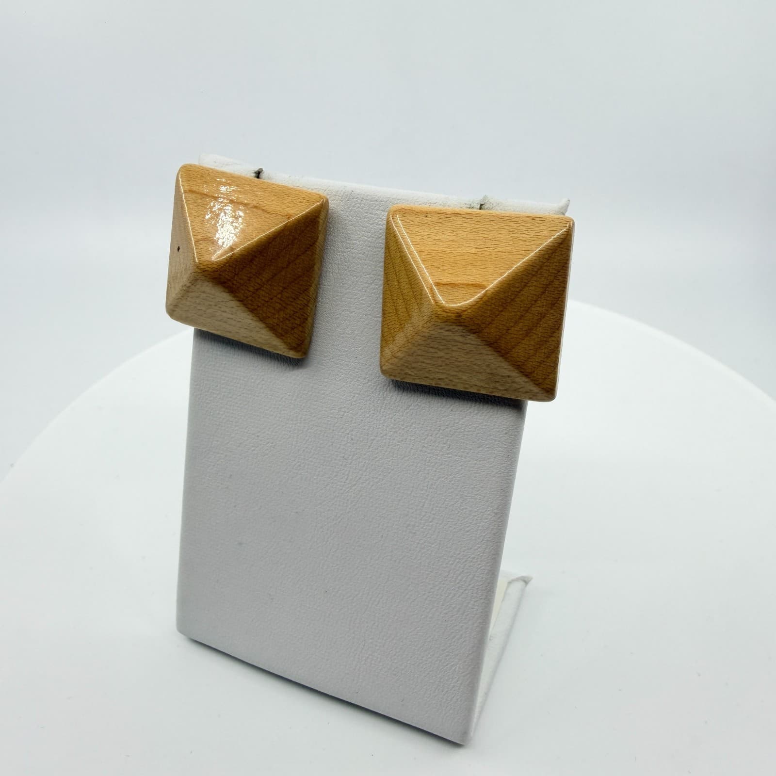 Natural Wood Pyramid Stud Earrings Geometric Minimalist Boho Statement Jewelry - Thumbnail 5