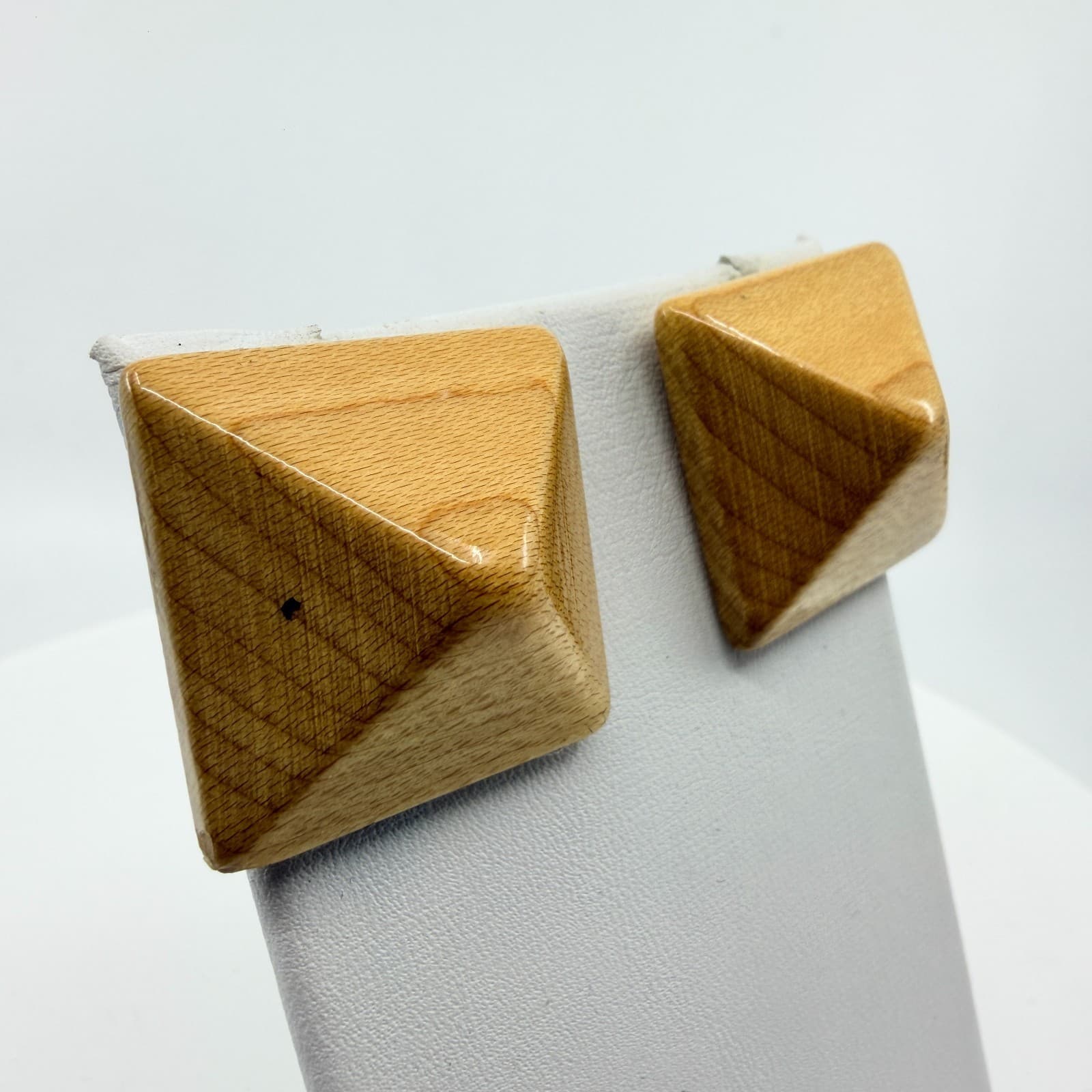 Natural Wood Pyramid Stud Earrings Geometric Minimalist Boho Statement Jewelry - Thumbnail 3