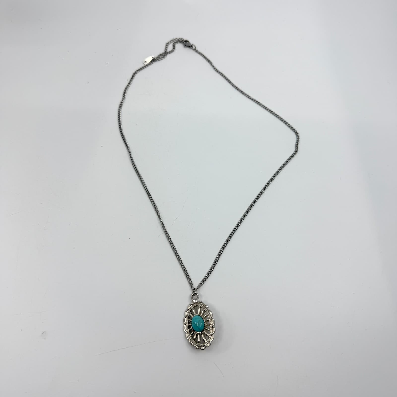 Southwestern Faux Turquoise Silver Tone Oval Pendant Necklace Blue Stone Gift - Thumbnail 7