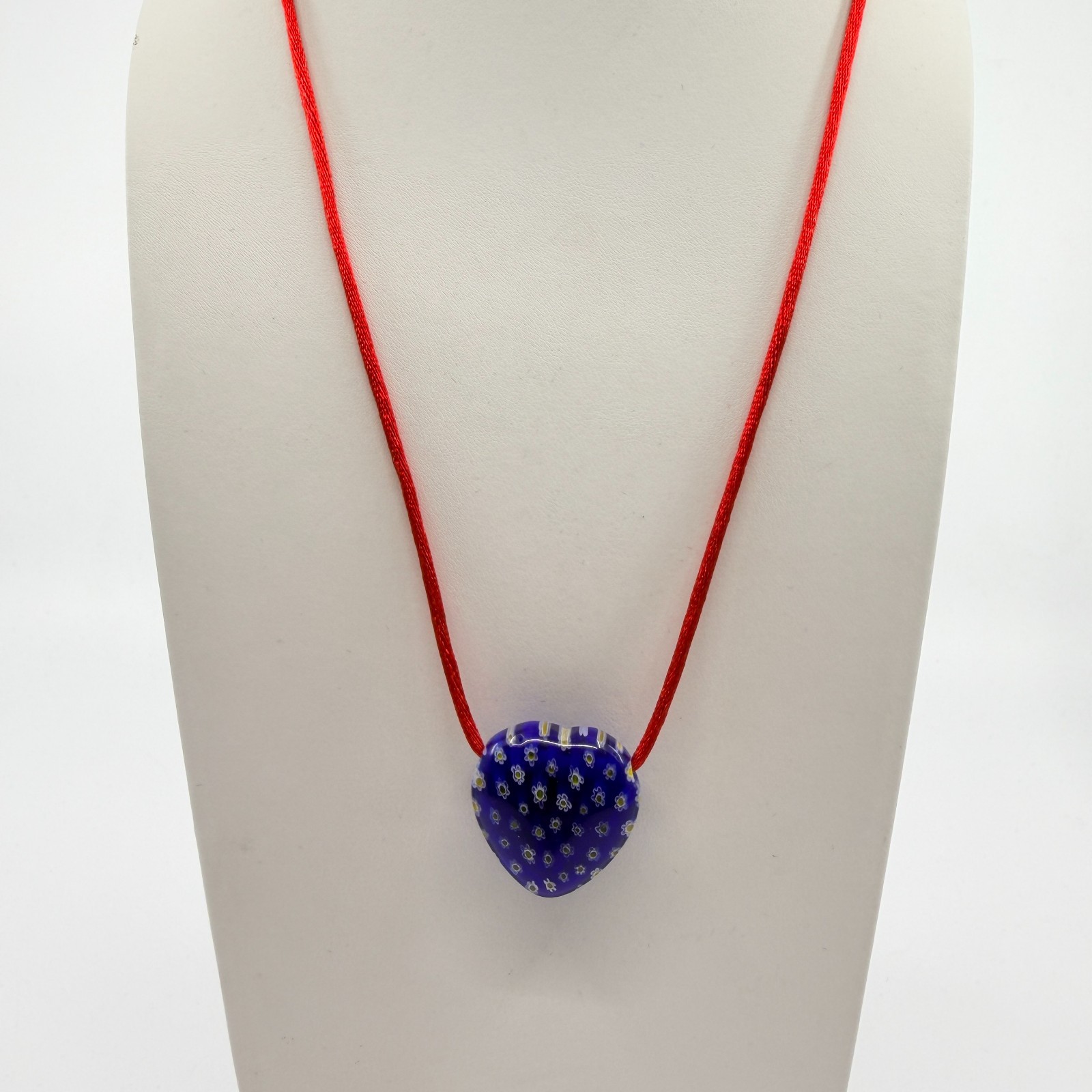 Blue Millefiori Glass Heart Pendant Necklace Red Cord Boho Cottagecore Festival - Thumbnail 3