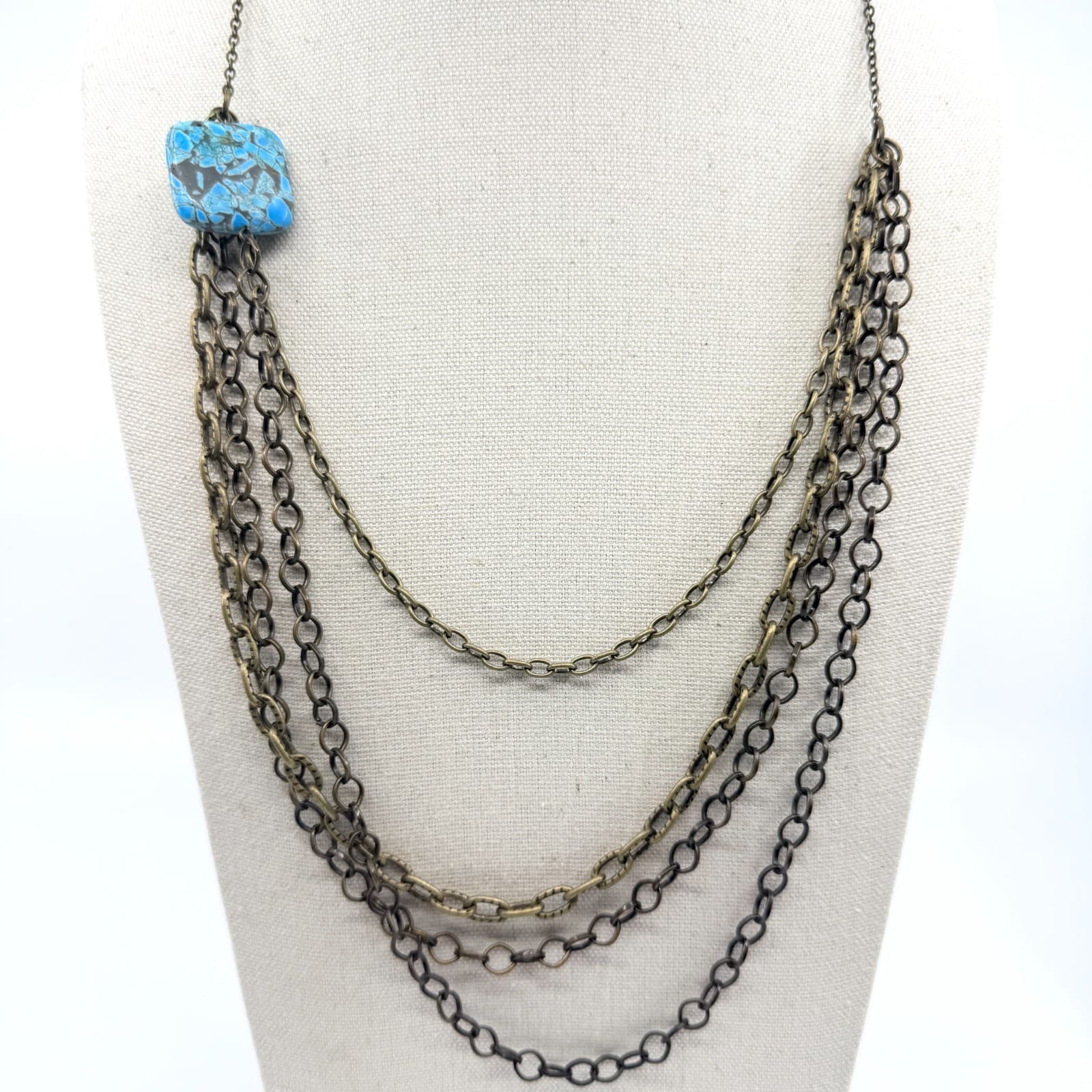 Vintage Multi Strand Chain Statement Necklace Layered Veined Blue Turquoise