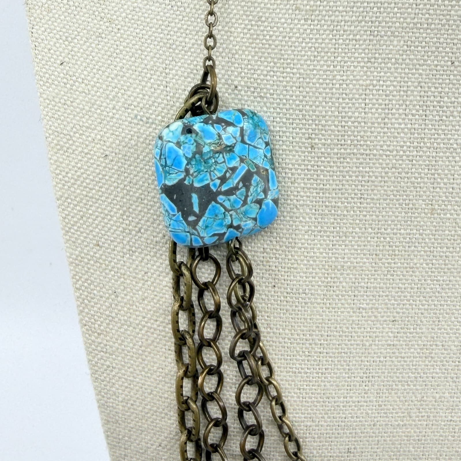 Vintage Multi Strand Chain Statement Necklace Layered Veined Blue Turquoise - Thumbnail 3