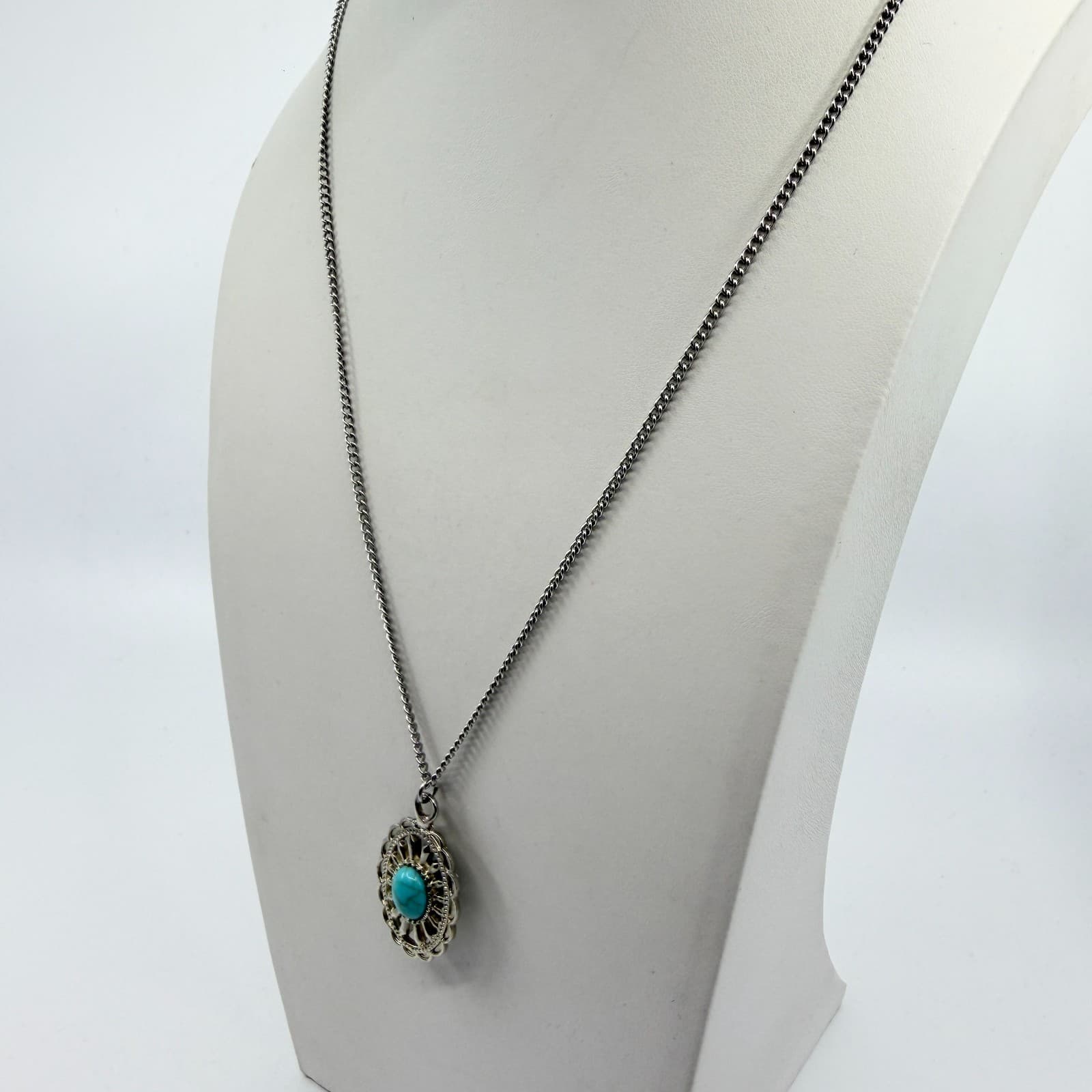 Southwestern Faux Turquoise Silver Tone Oval Pendant Necklace Blue Stone Gift - Thumbnail 5