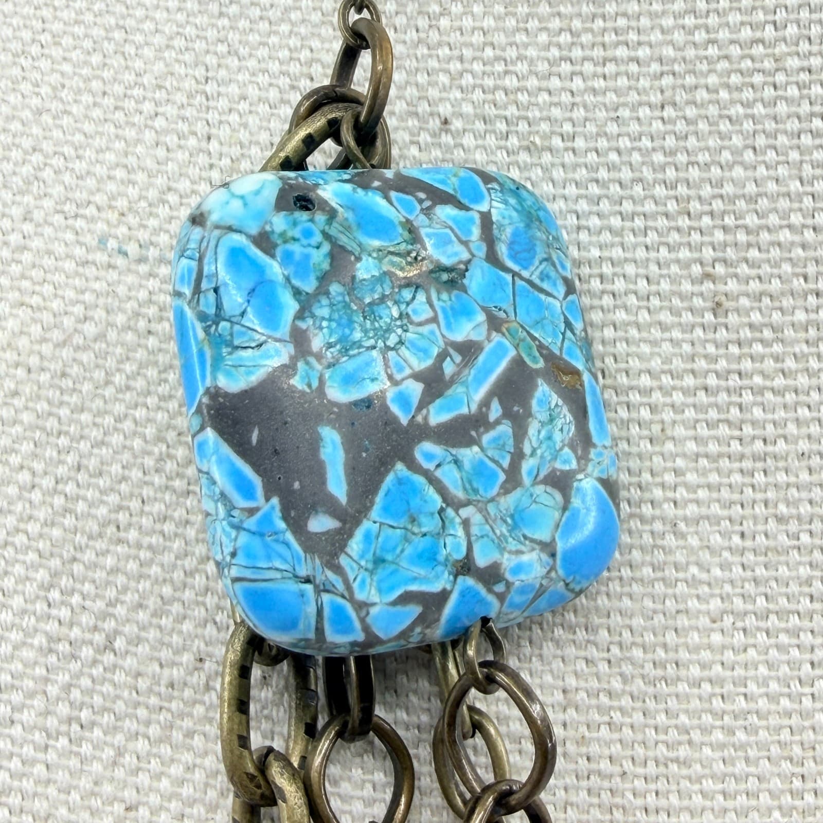 Vintage Multi Strand Chain Statement Necklace Layered Veined Blue Turquoise - Thumbnail 2
