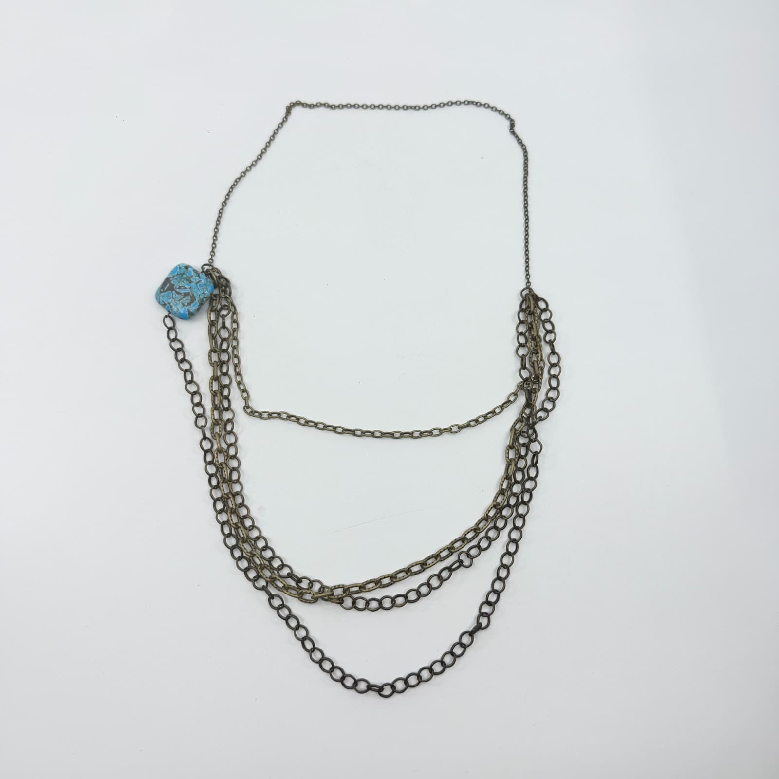 Vintage Multi Strand Chain Statement Necklace Layered Veined Blue Turquoise - Thumbnail 7