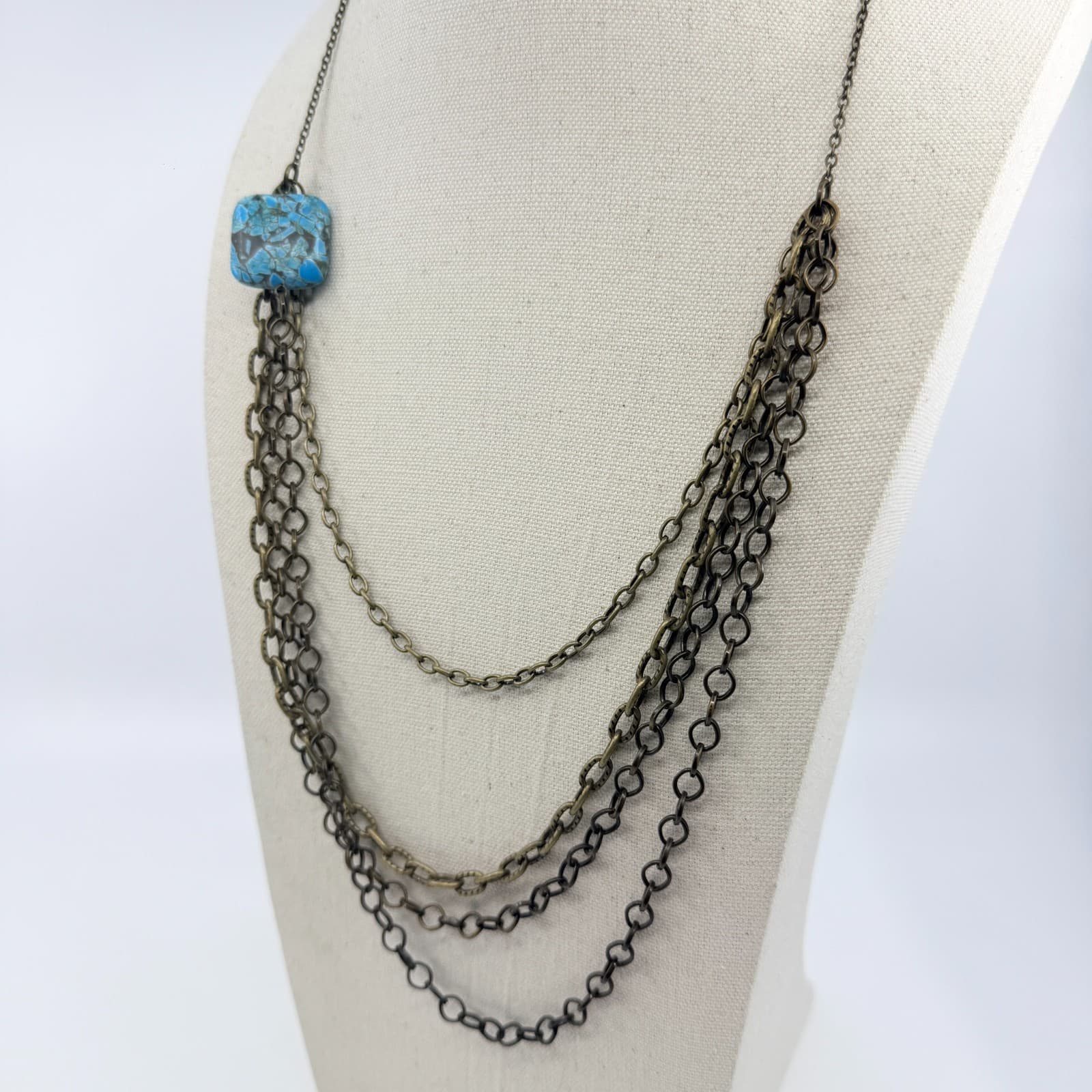 Vintage Multi Strand Chain Statement Necklace Layered Veined Blue Turquoise - Thumbnail 5