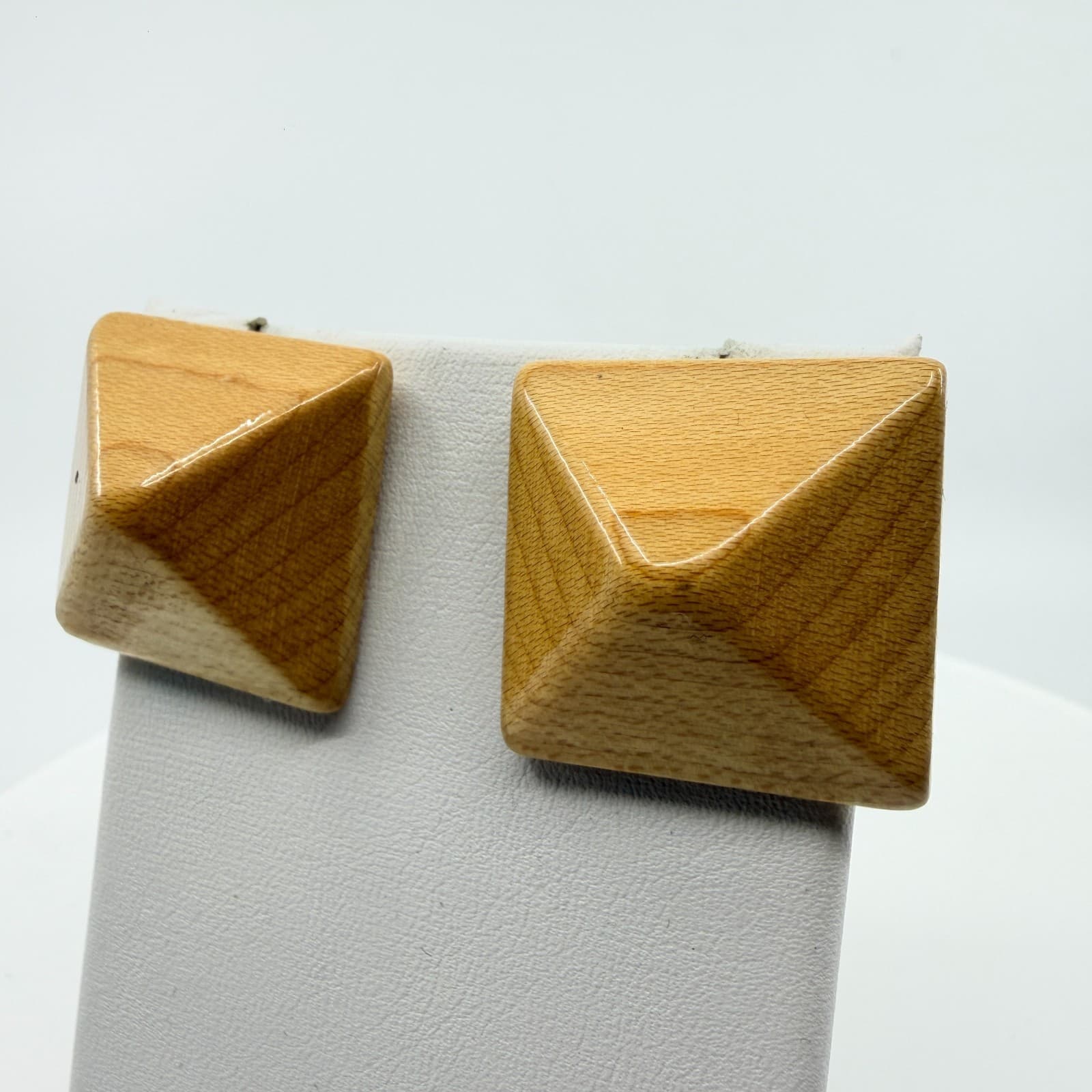 Natural Wood Pyramid Stud Earrings Geometric Minimalist Boho Statement Jewelry - Thumbnail 4