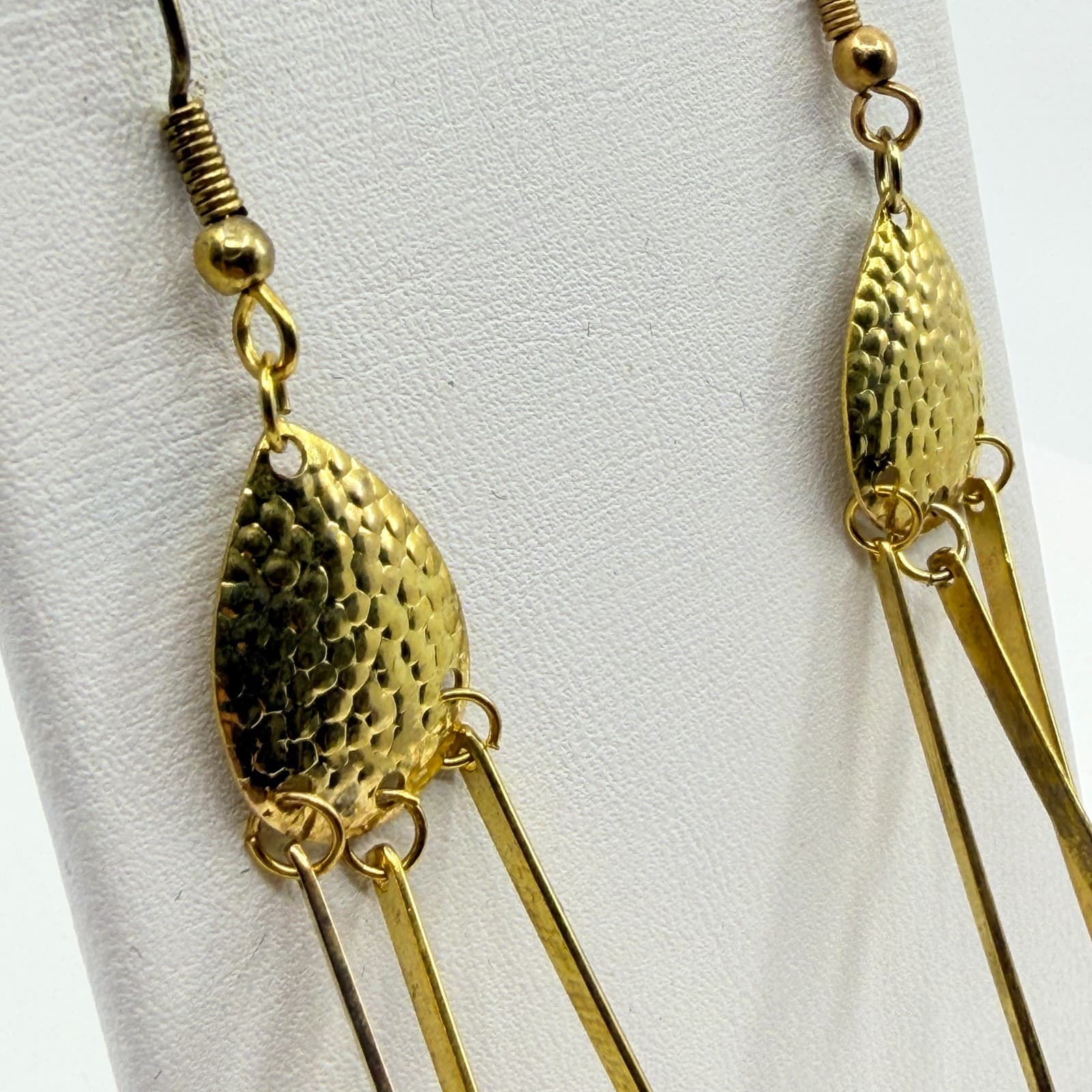 Gold Tone Hammered Teardrop Long Bar Fringe Dangle Earring Statement Modern Chic - Thumbnail 5