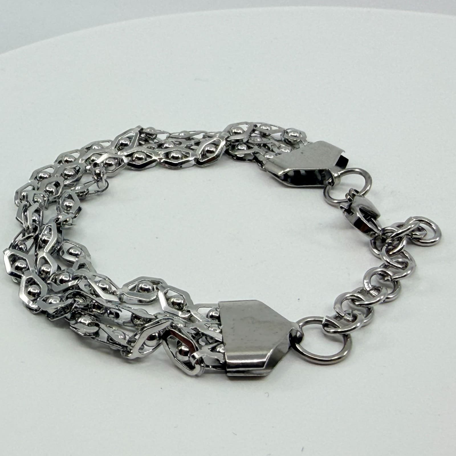 Silver Tone Geometric Multi-Row Chain Bracelet Layering Statement Boho Jewelry - Thumbnail 5
