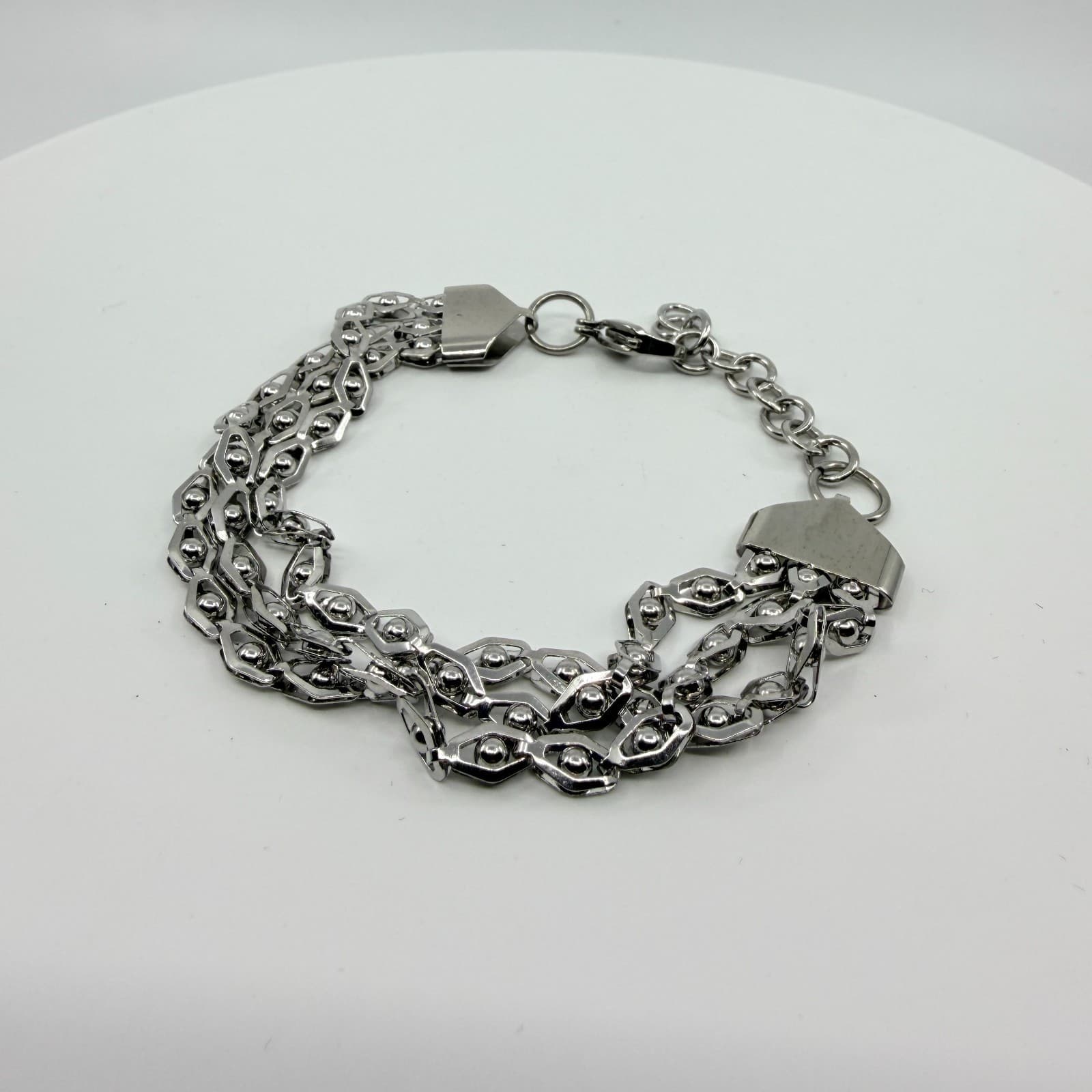 Silver Tone Geometric Multi-Row Chain Bracelet Layering Statement Boho Jewelry - Thumbnail 3