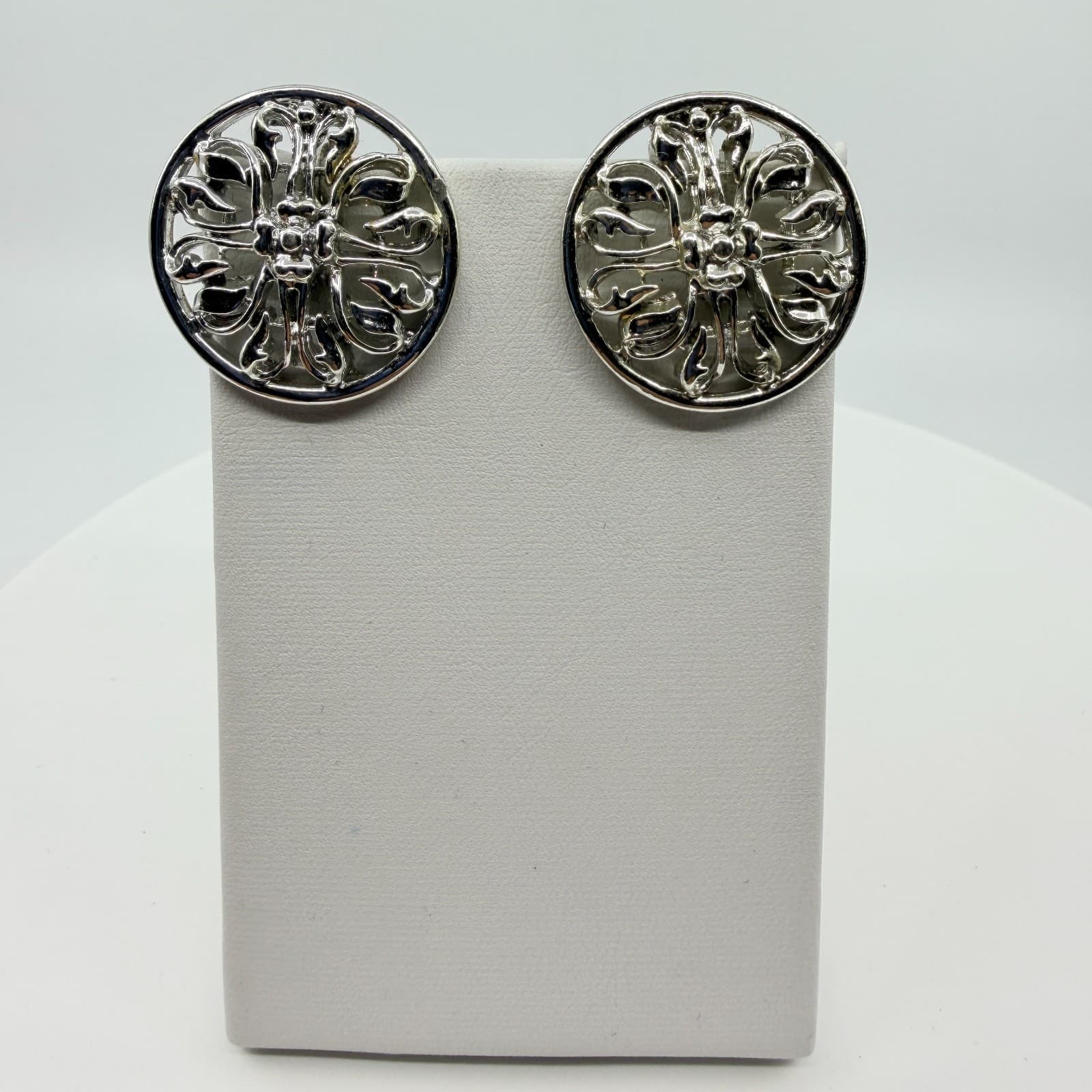 Silver Tone Metal Open Filigree Floral Circle Clip On Earrings Statement Boho - Thumbnail 4