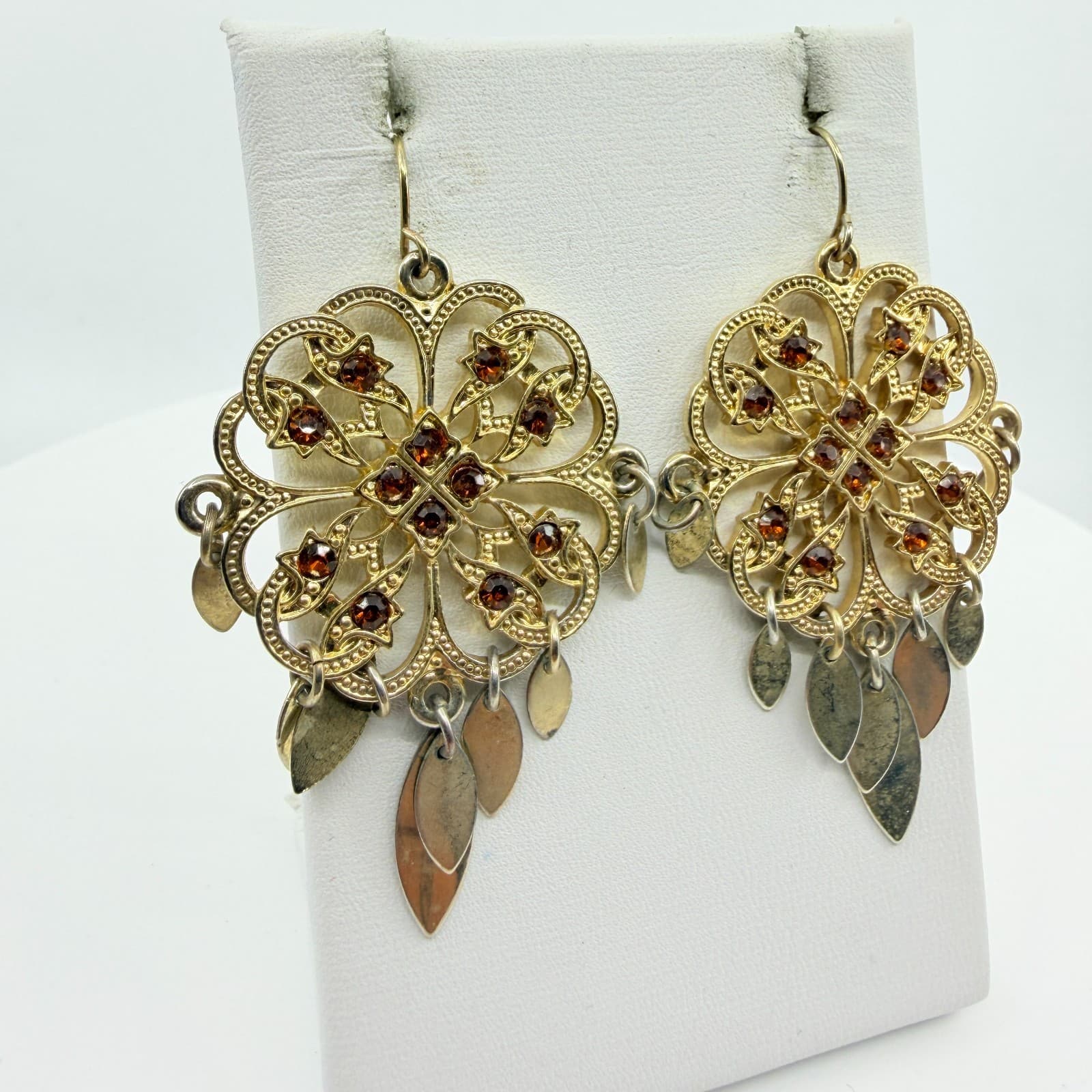 Boho Filigree Drop Earrings Gold Tone Brown Crystal Dangle Statement Jewelry - Thumbnail 3