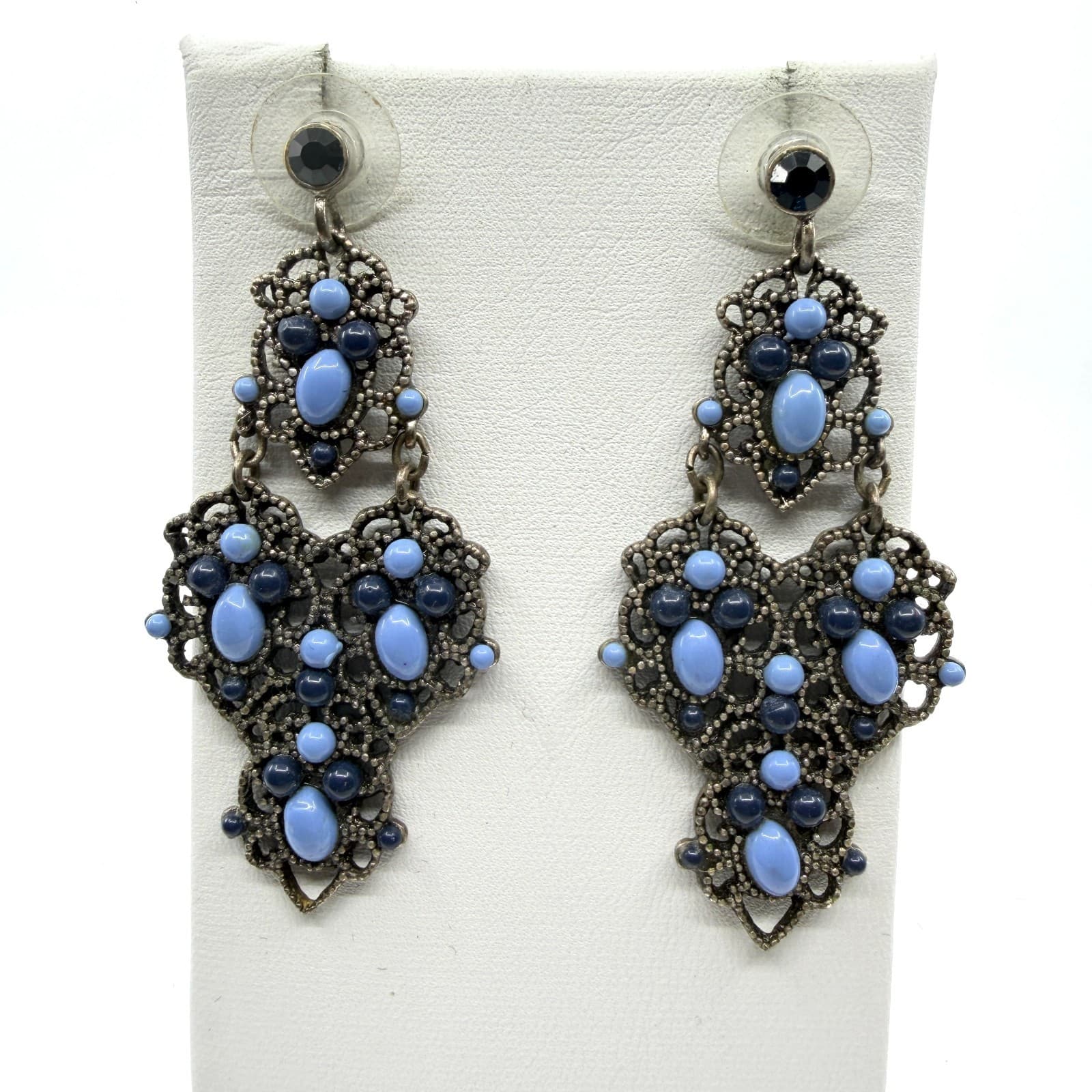Ornate Blue Chandelier Earrings Filigree Statement Drop Bohemian Festival Gift